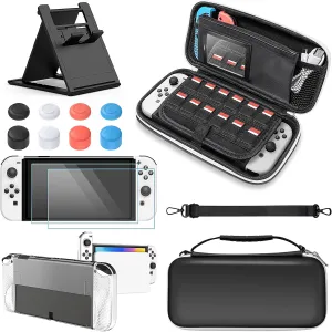 Nintendo Switch OLED Model Accessories Bundle - Kit Includes Carrying Case, 3 in 1 Protective Case Cover, 2pcs Screen Protector, Adjustable PlayStand, Thumbstick Grip Caps – by Klipdasse