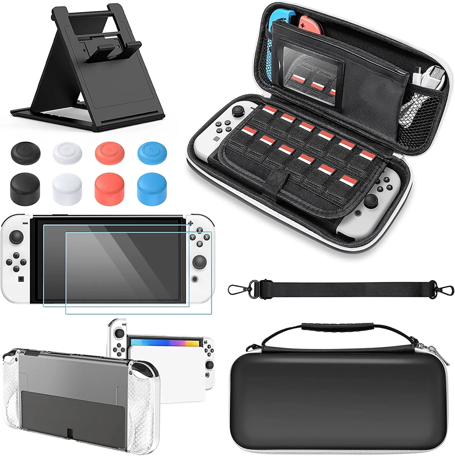 Nintendo Switch OLED Model Accessories Bundle - Kit Includes Carrying Case, 3 in 1 Protective Case Cover, 2pcs Screen Protector, Adjustable PlayStand, Thumbstick Grip Caps – by Klipdasse
