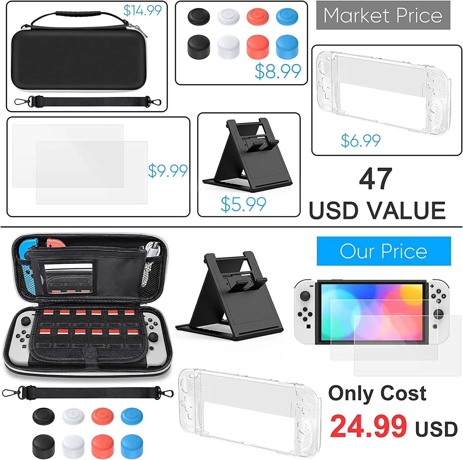Nintendo Switch OLED Model Accessories Bundle - Kit Includes Carrying Case, 3 in 1 Protective Case Cover, 2pcs Screen Protector, Adjustable PlayStand, Thumbstick Grip Caps – by Klipdasse