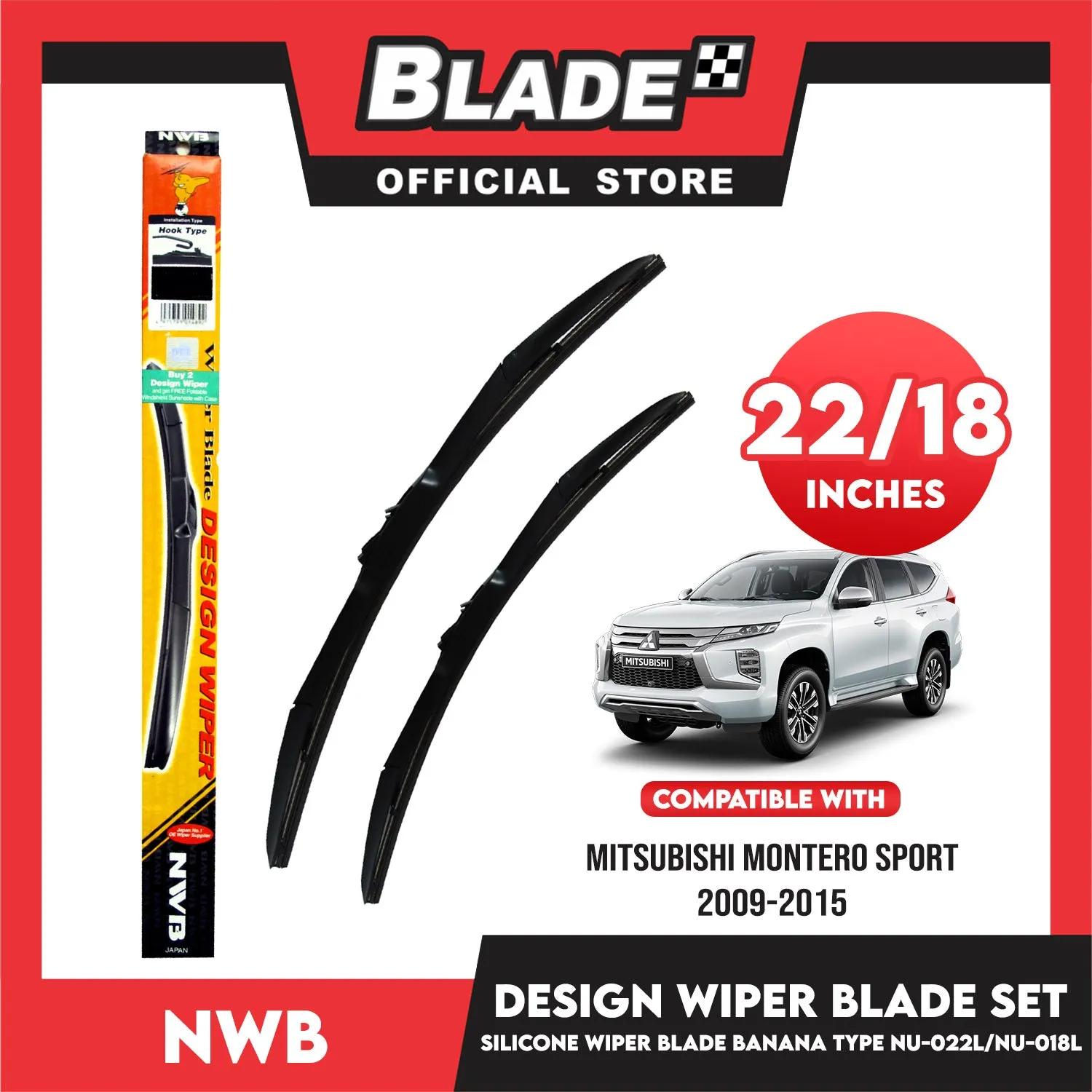 NWB Design Wiper Blade Set, Banana Type NU-022L 22' ' And NU-018L 18' ' Set of 2pcs Car Wiper For Mitsubishi Montero Sport