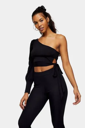 One Shoulder Tie Front Top In Black
