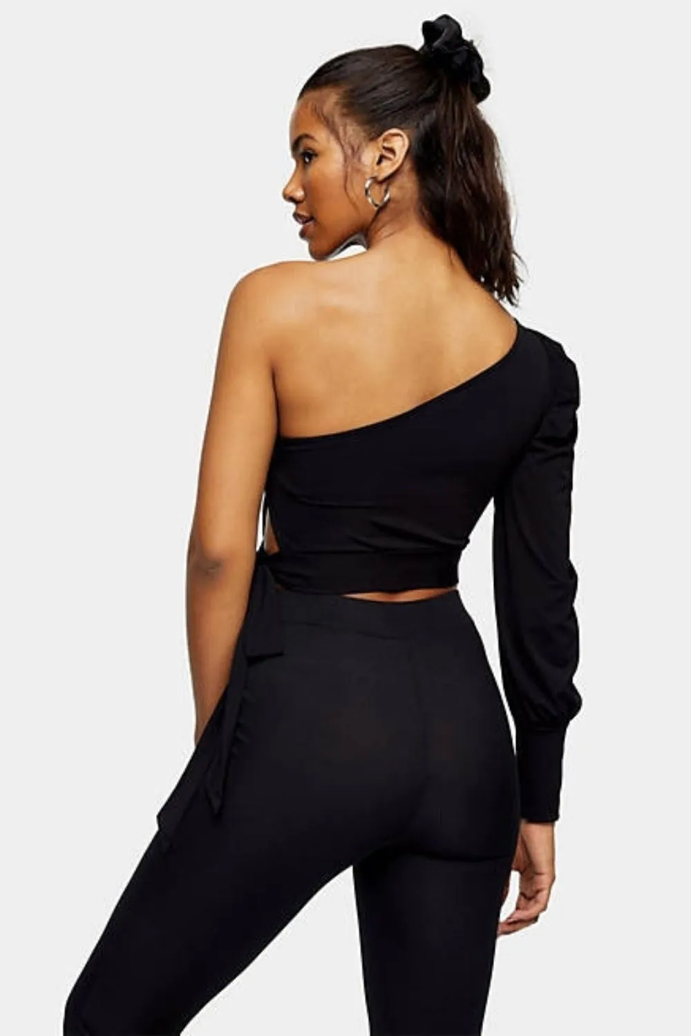 One Shoulder Tie Front Top In Black