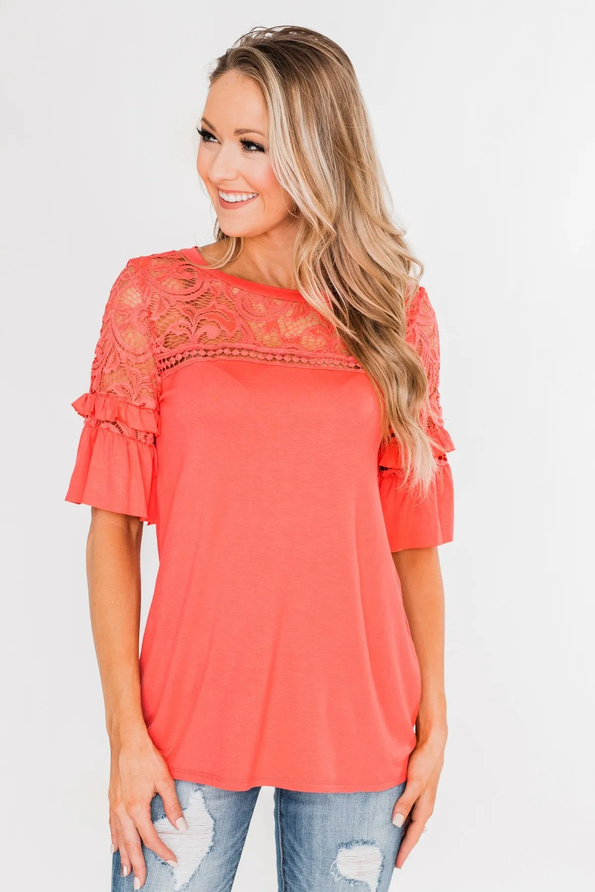 Part Of You Half Bell Sleeve Top- Coral