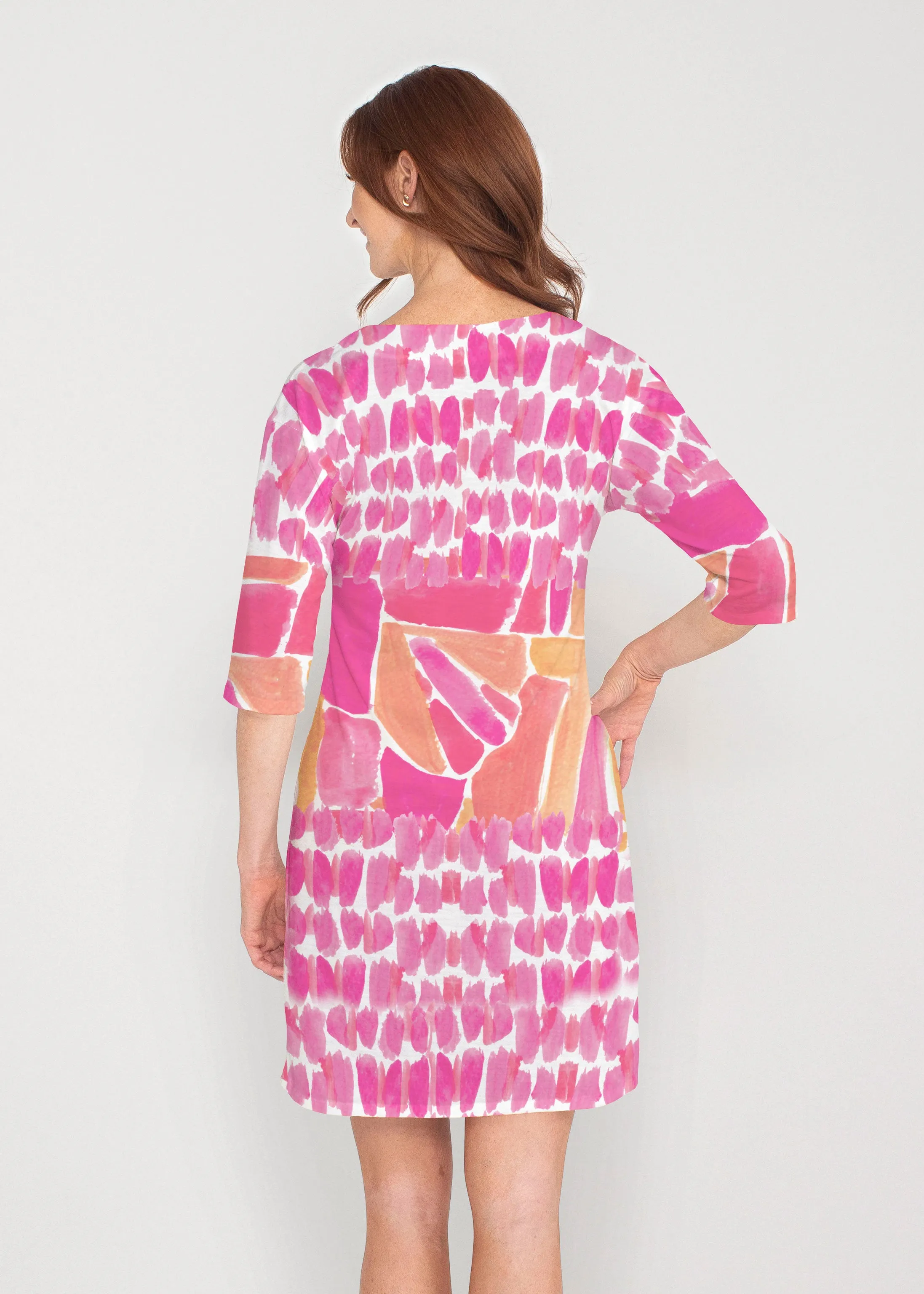 Pebble Walk Orange (17261) ~ Drop Shoulder 3/4 Sleeve V-Neck Dress