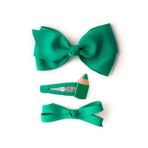 Pencil and Fabric Bows Green Hair Clips (Set of 3)