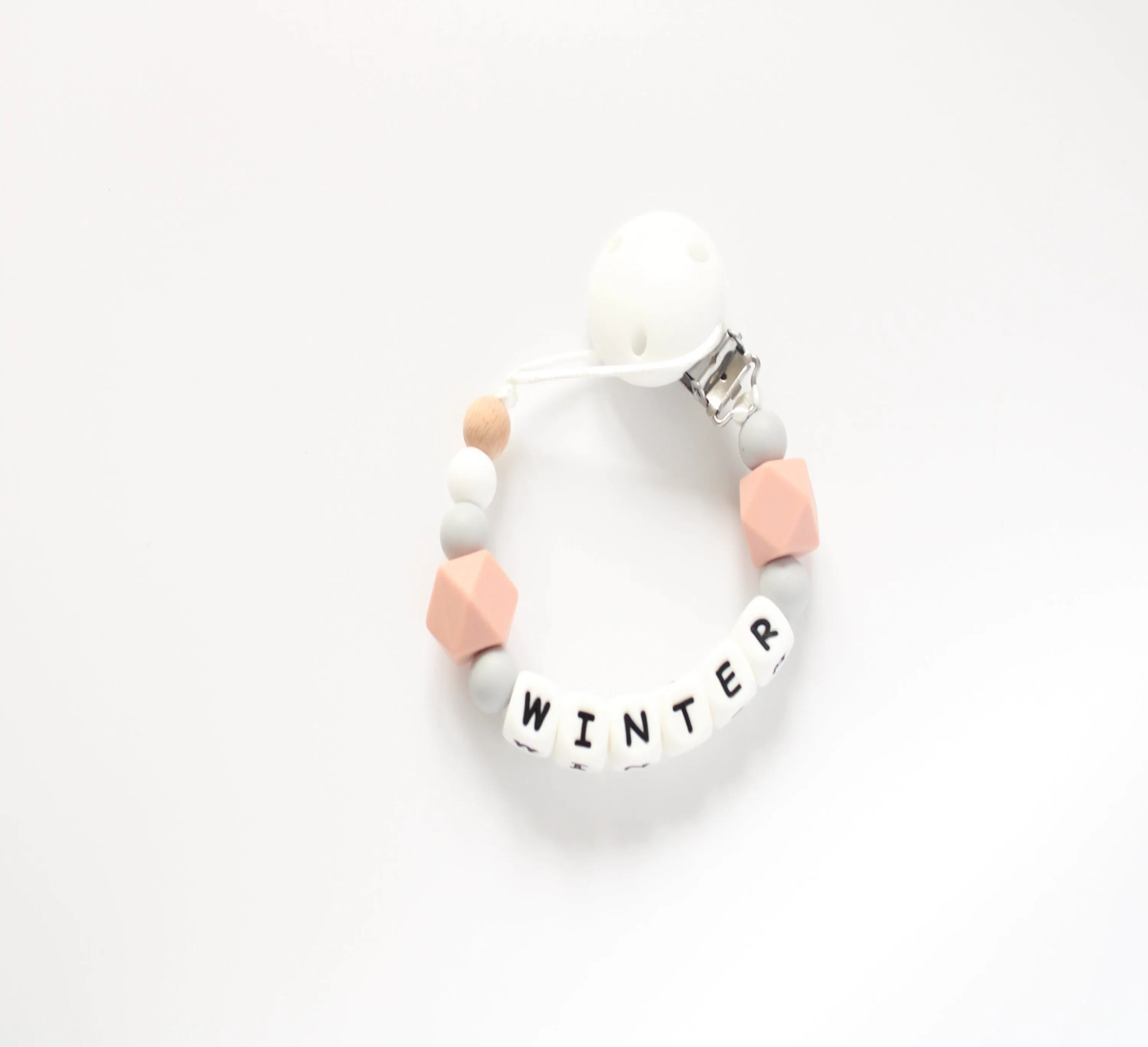 Personalised dummy clip- Dusky Pink, Grey & White