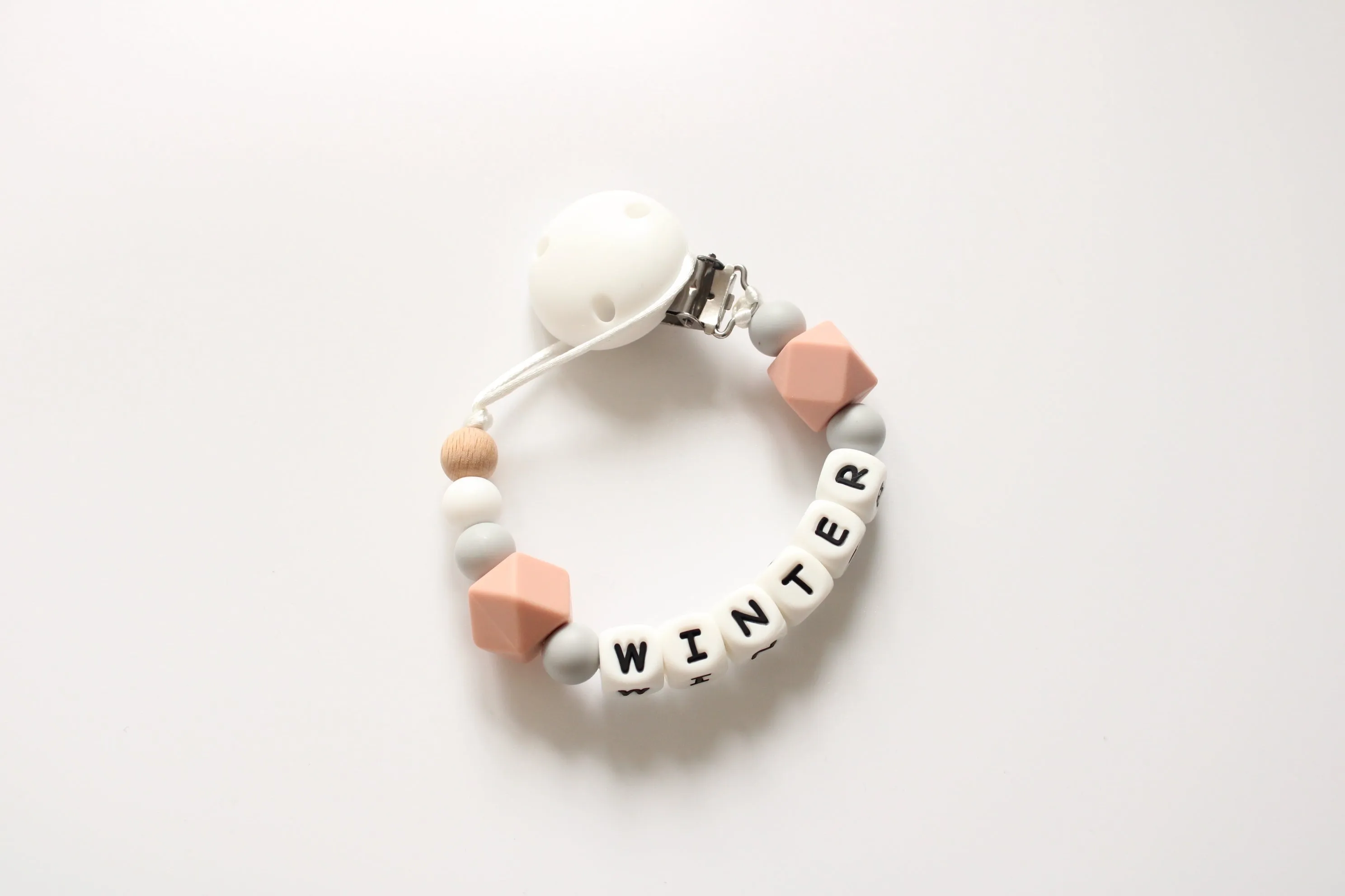 Personalised dummy clip- Dusky Pink, Grey & White