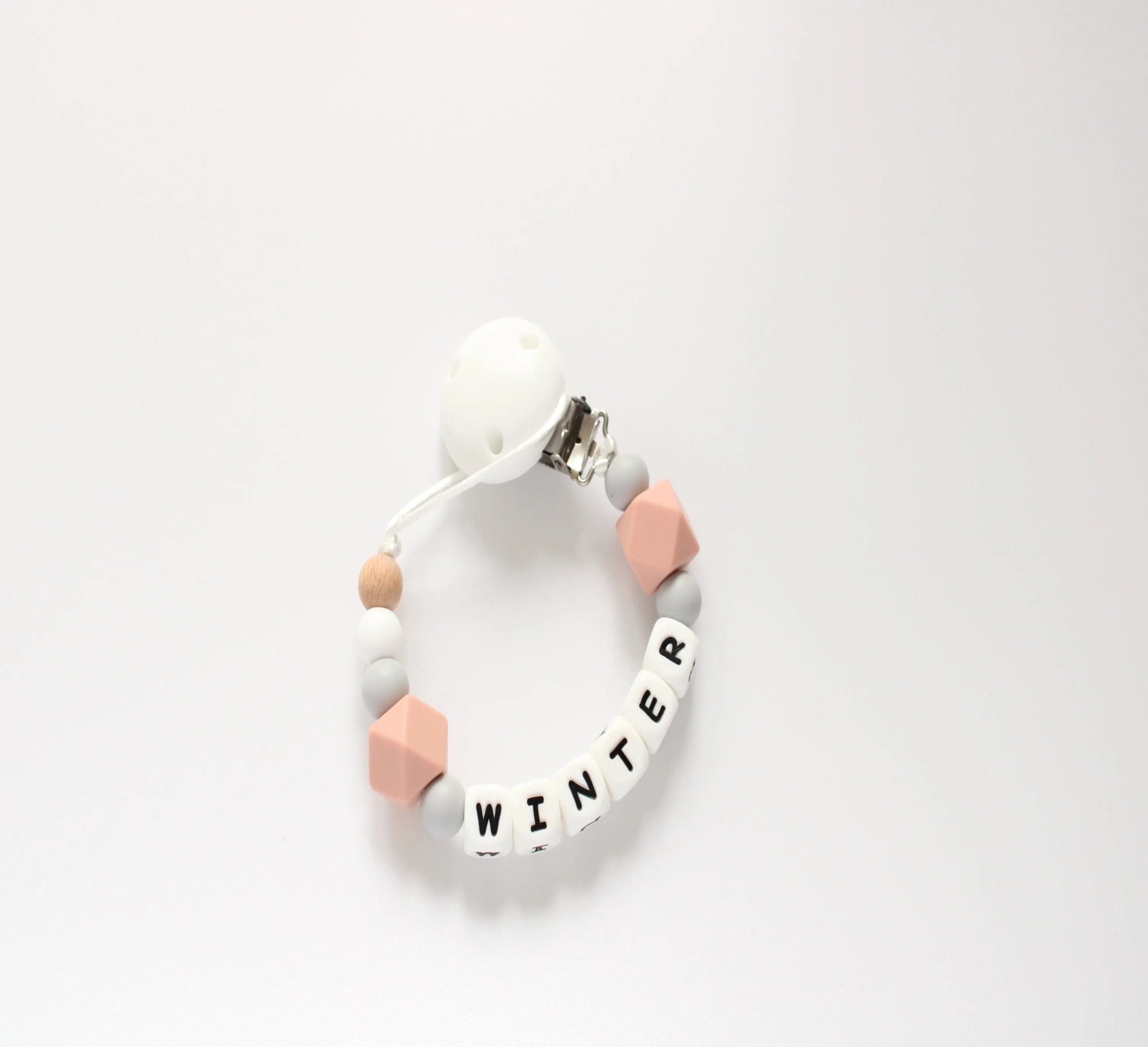 Personalised dummy clip- Dusky Pink, Grey & White