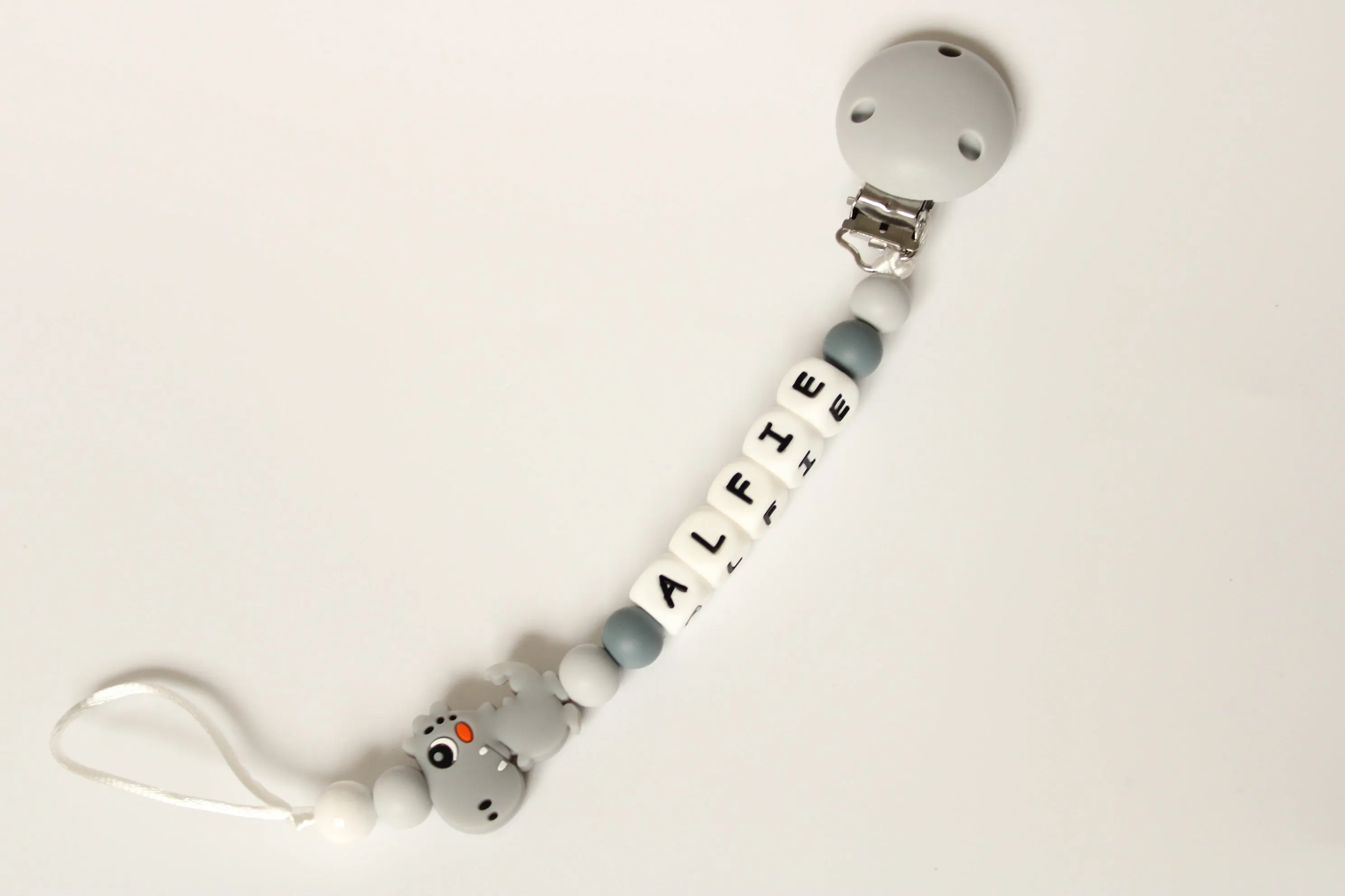 Personalised Dummy clip Grey Dinosaur