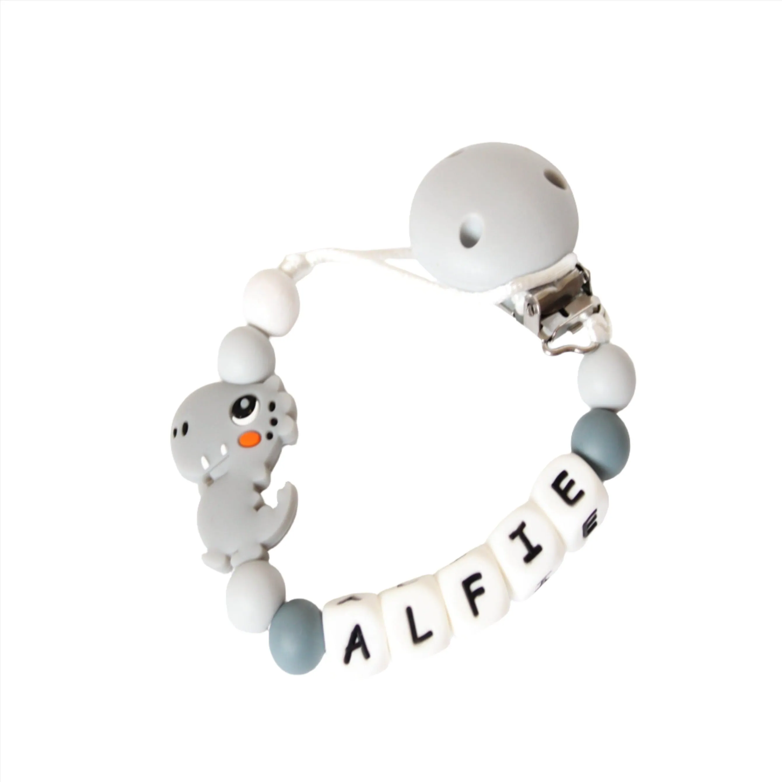 Personalised Dummy clip Grey Dinosaur
