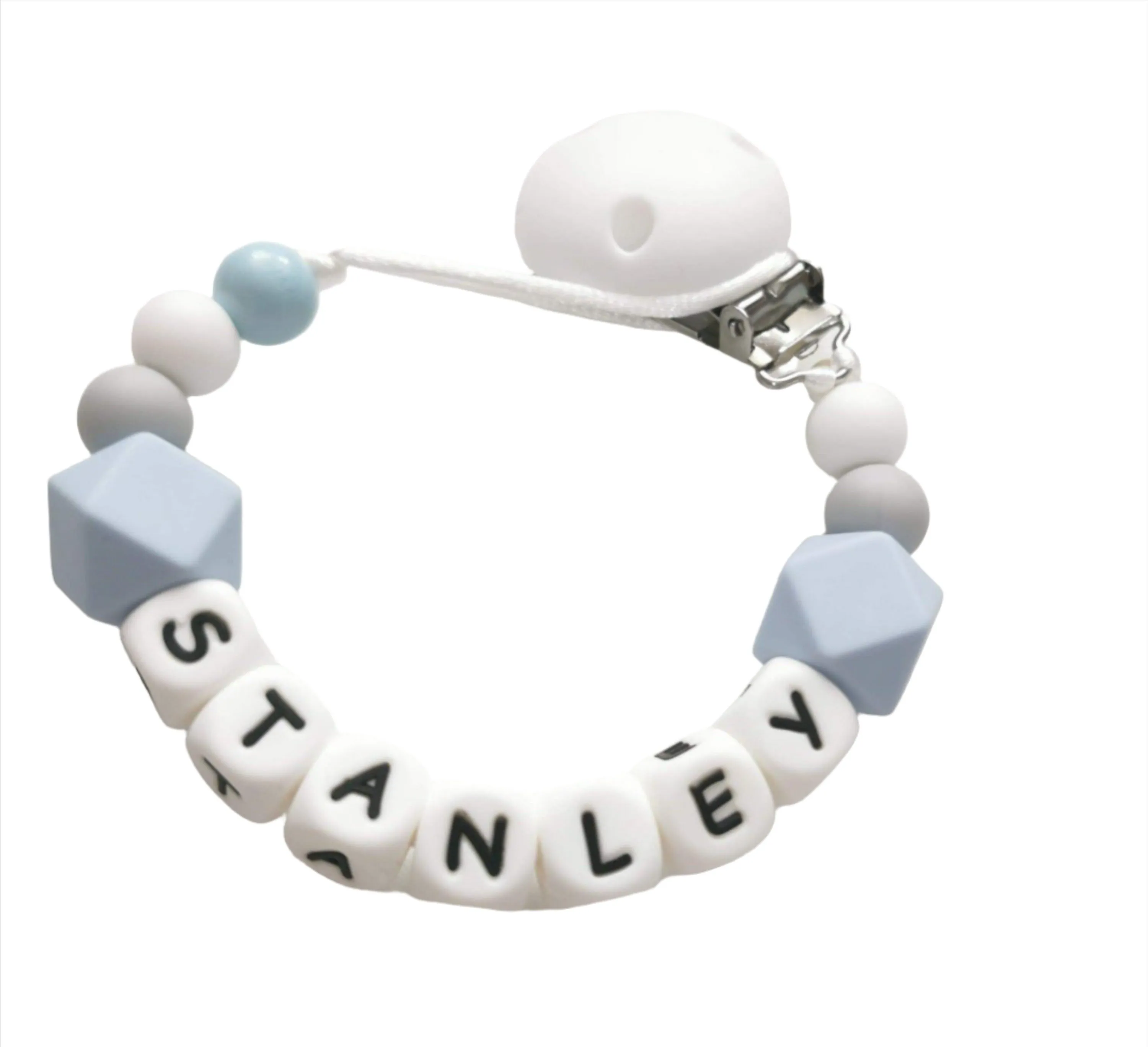 Personalised dummy clip - Pale Blue, Grey & White
