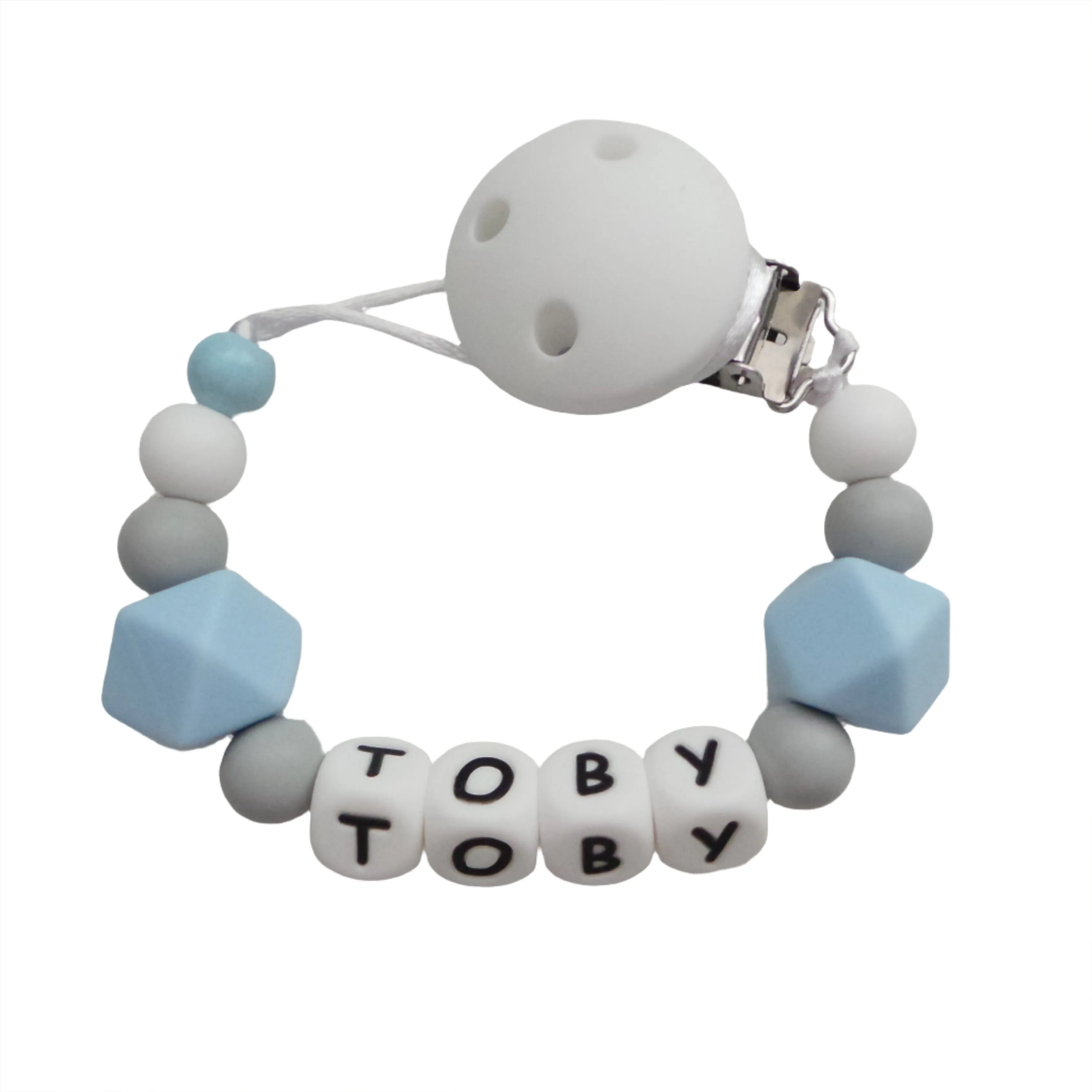 Personalised dummy clip - Pale Blue, Grey & White