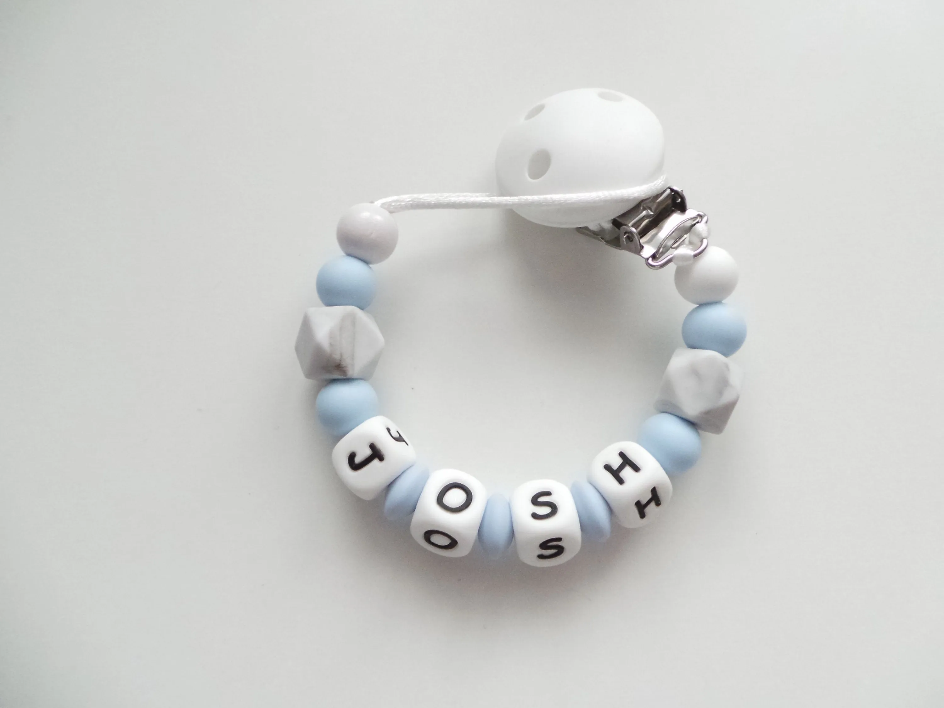 Personalised Dummy clip - Pale Blue, Grey Marble & White
