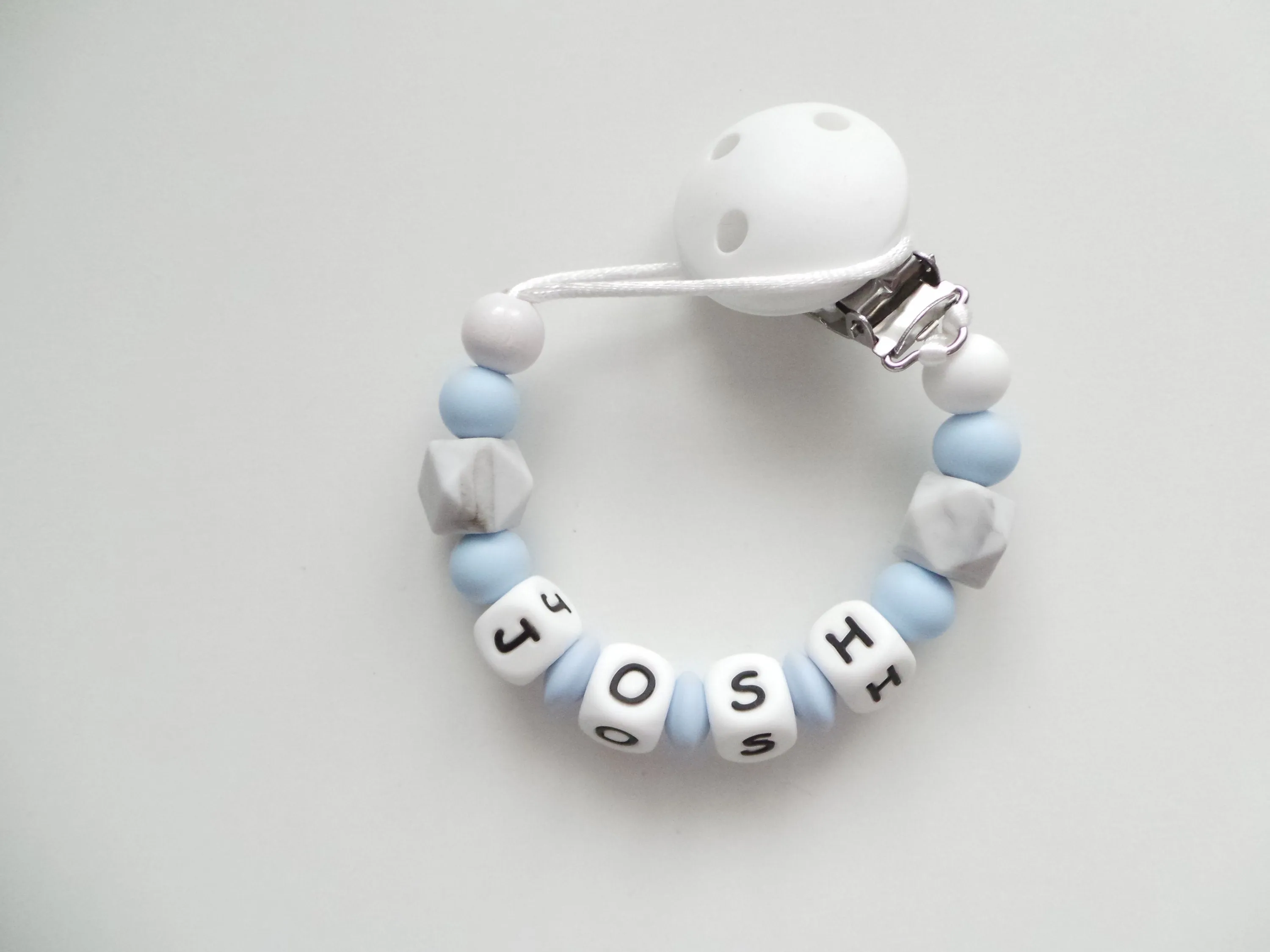 Personalised Dummy clip - Pale Blue, Grey Marble & White