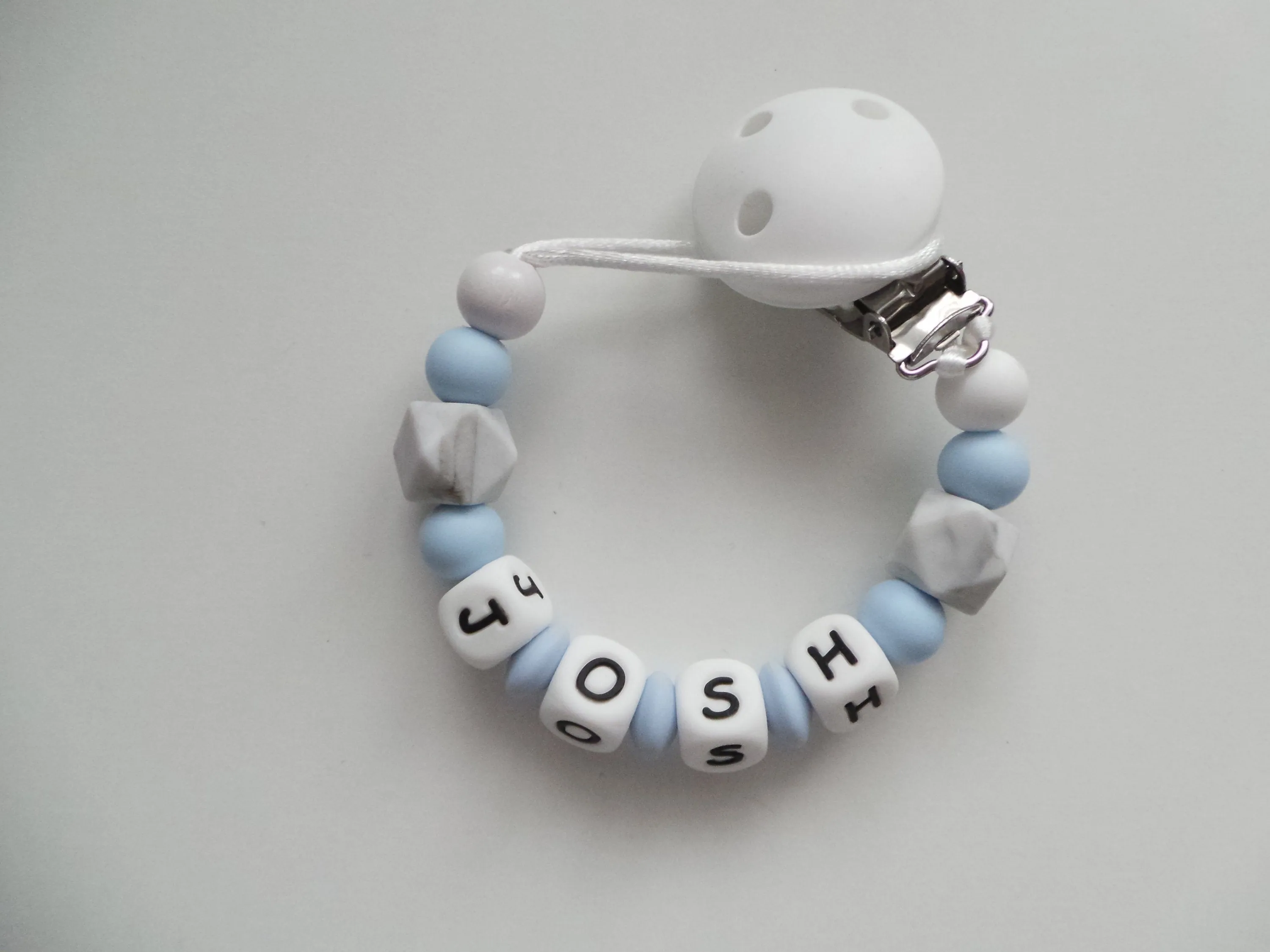 Personalised Dummy clip - Pale Blue, Grey Marble & White