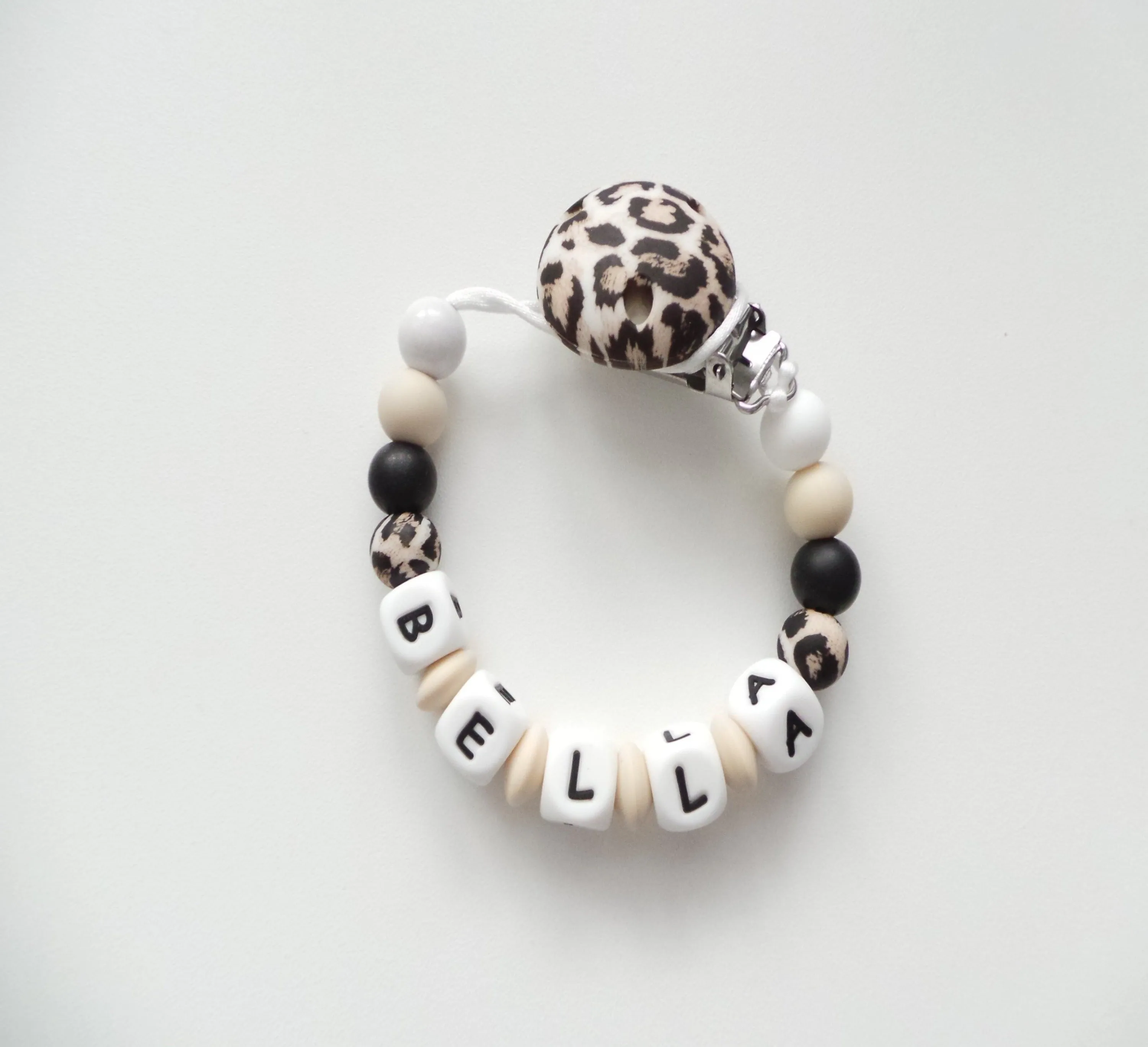Personalised Dummy clip-  Wild Leopard, Black & Beige