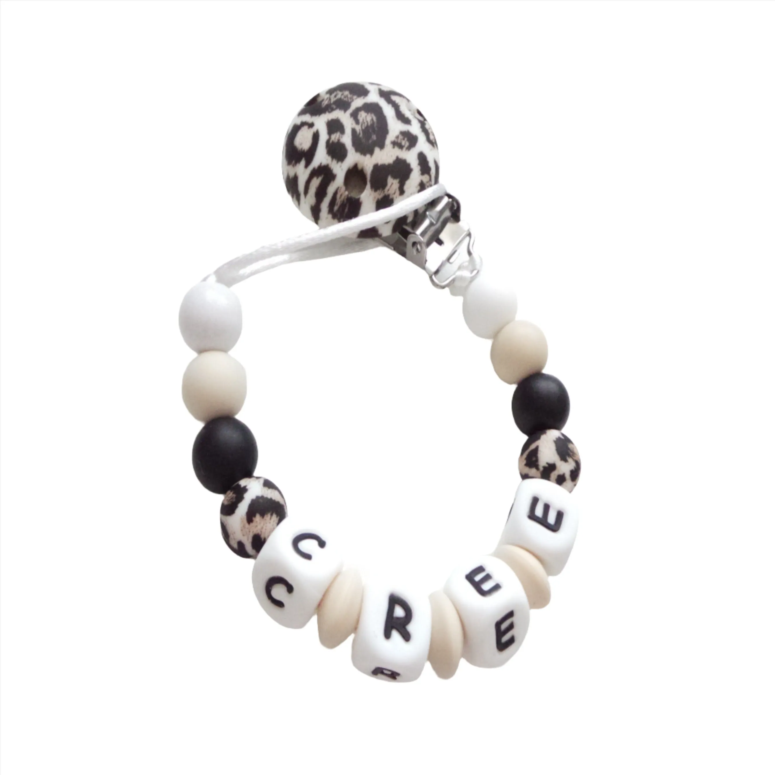 Personalised Dummy clip-  Wild Leopard, Black & Beige