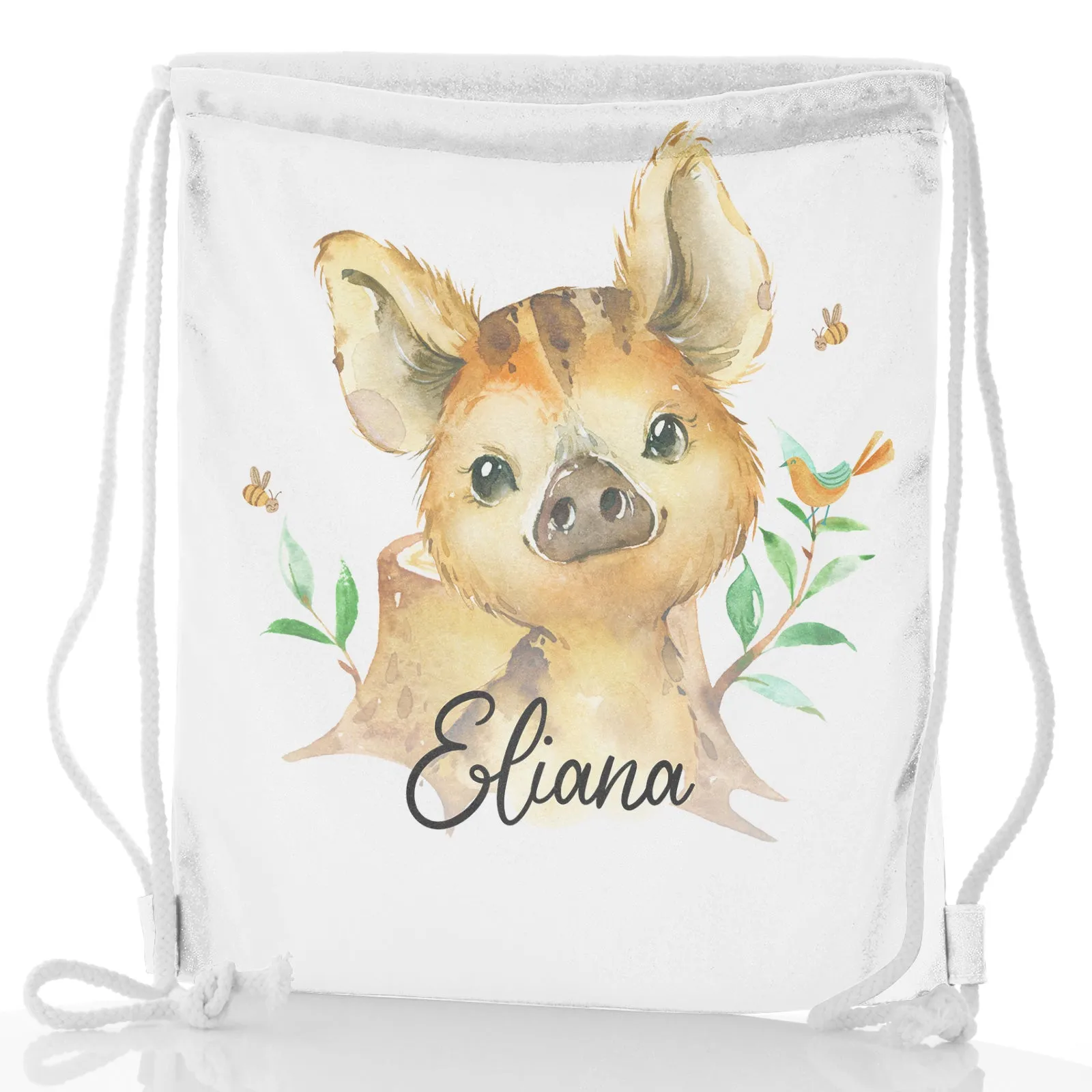 Personalised Glitter Drawstring Backpack with Wild Boar Piglet with Bird and Bees and Cute Text