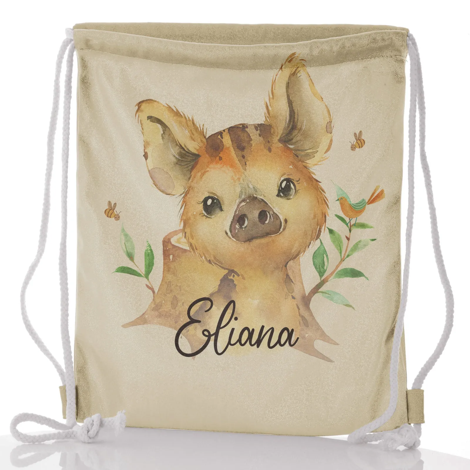 Personalised Glitter Drawstring Backpack with Wild Boar Piglet with Bird and Bees and Cute Text