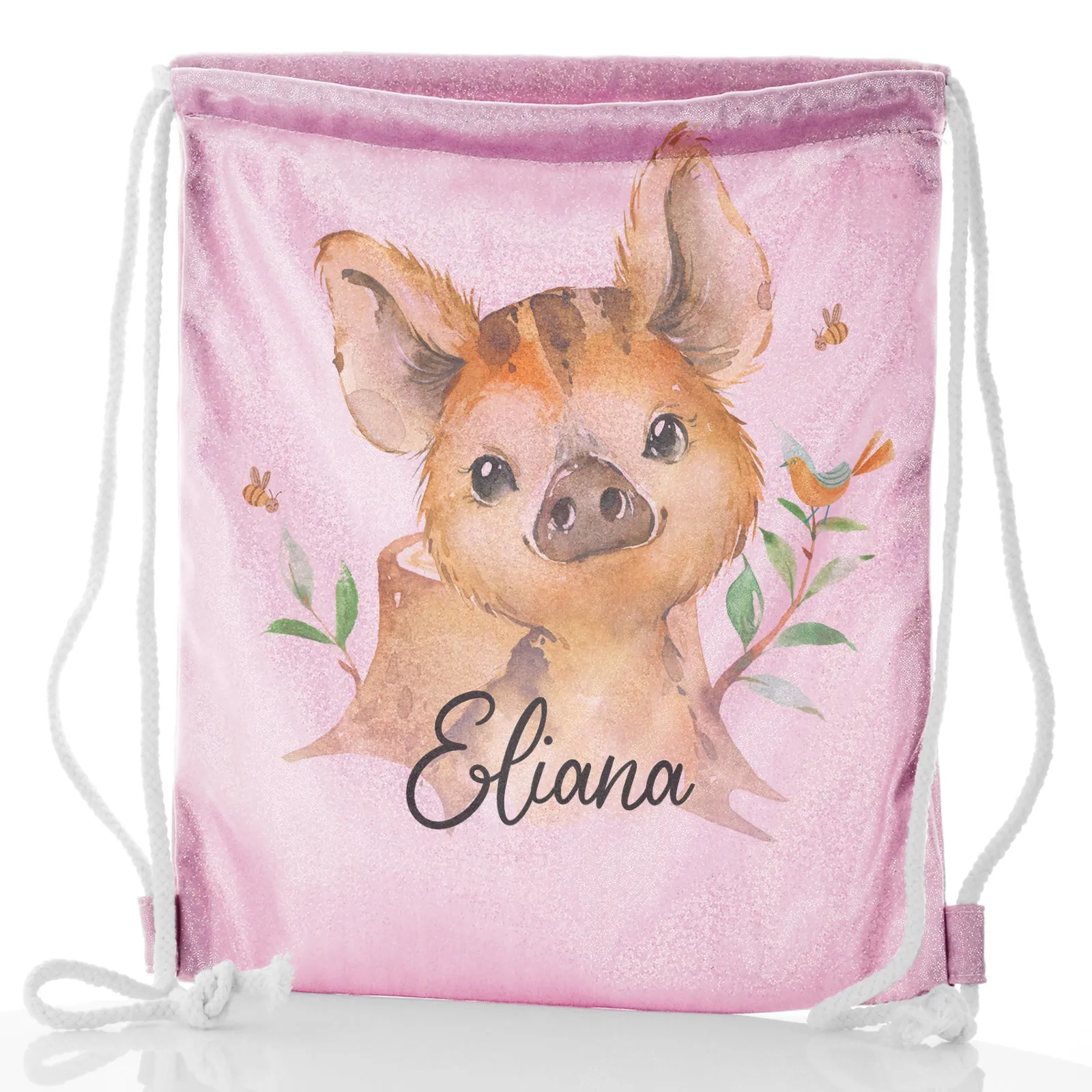 Personalised Glitter Drawstring Backpack with Wild Boar Piglet with Bird and Bees and Cute Text