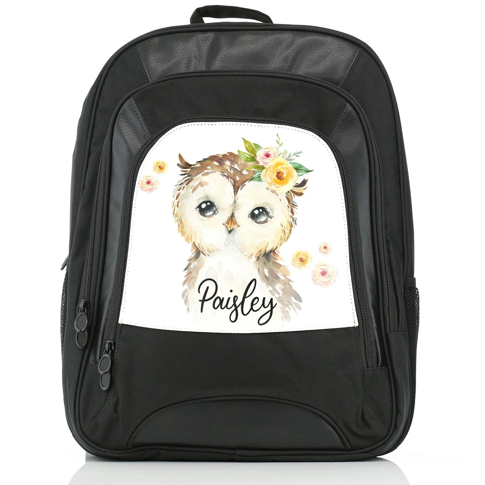 Personalised Rucksack with Brown Owl Yellow Flowers and Cute Text