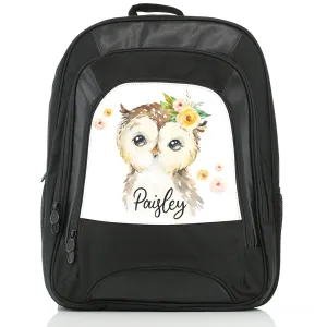 Personalised Rucksack with Brown Owl Yellow Flowers and Cute Text