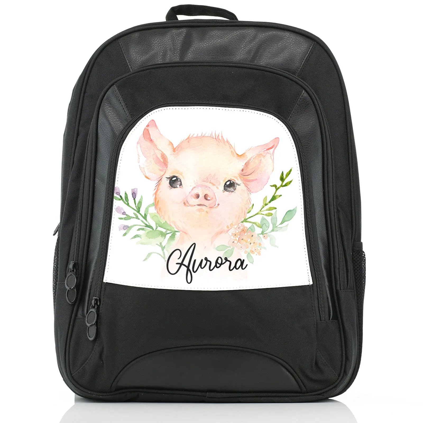 Personalised Rucksack with Pink Pig Flowers and Cute Text