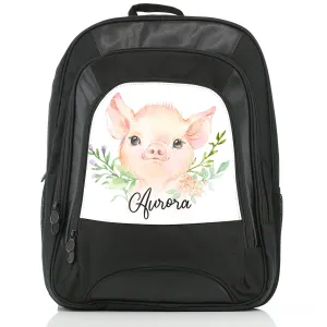 Personalised Rucksack with Pink Pig Flowers and Cute Text