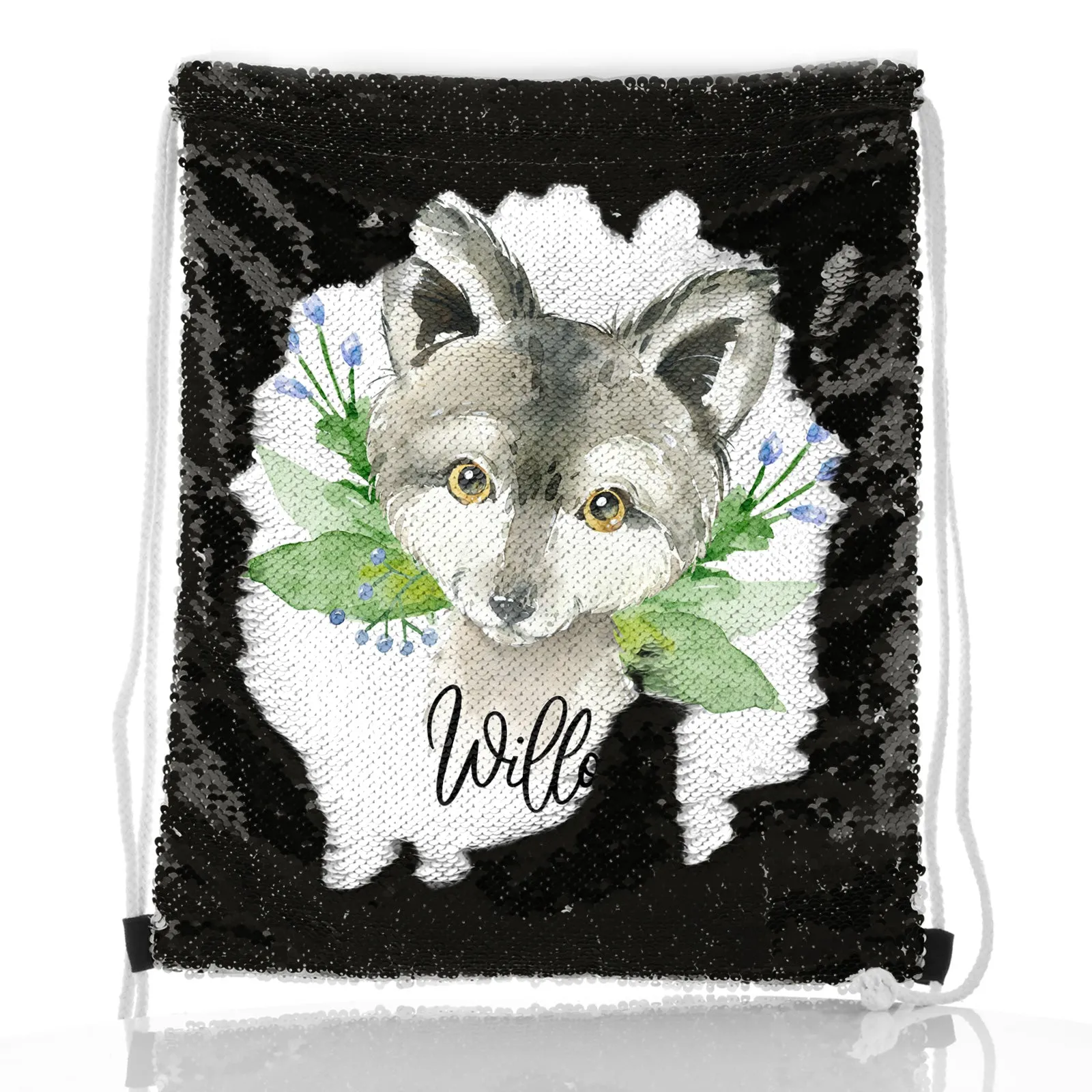 Personalised Sequin Drawstring Backpack with Grey Wolf Blue Flowers and Cute Text