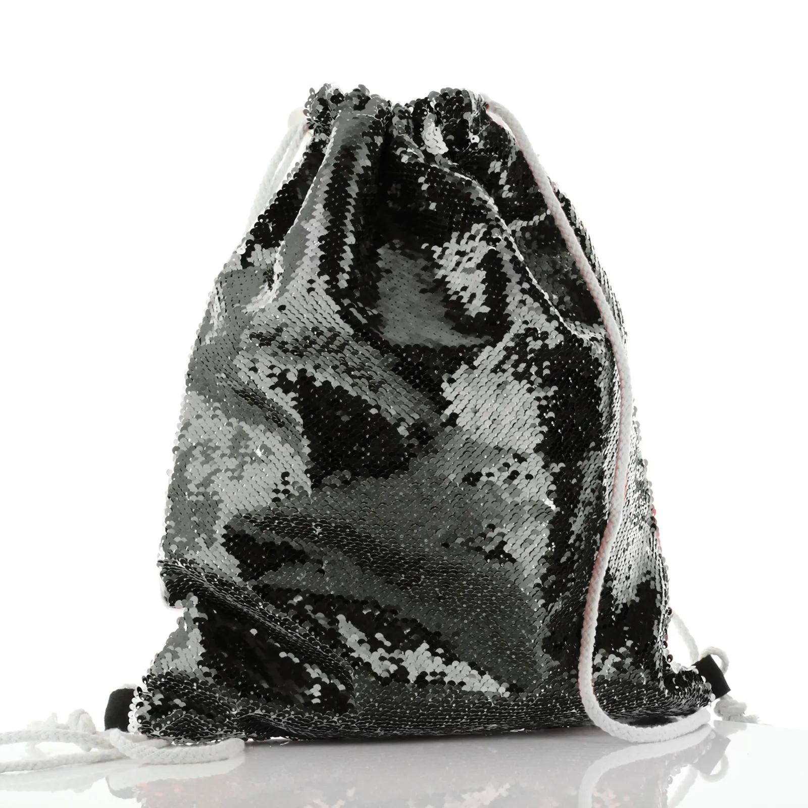 Personalised Sequin Drawstring Backpack with Grey Wolf Blue Flowers and Cute Text