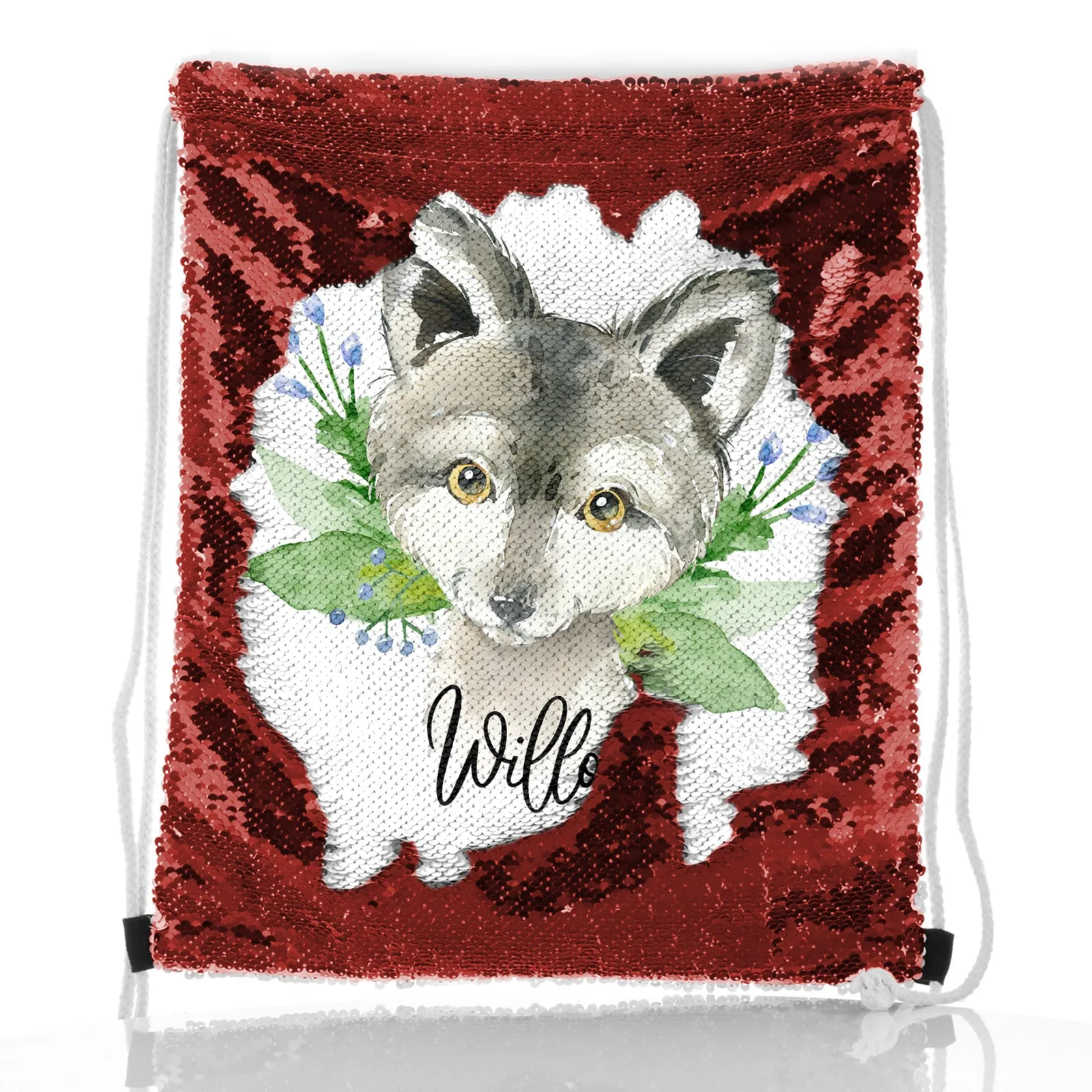 Personalised Sequin Drawstring Backpack with Grey Wolf Blue Flowers and Cute Text