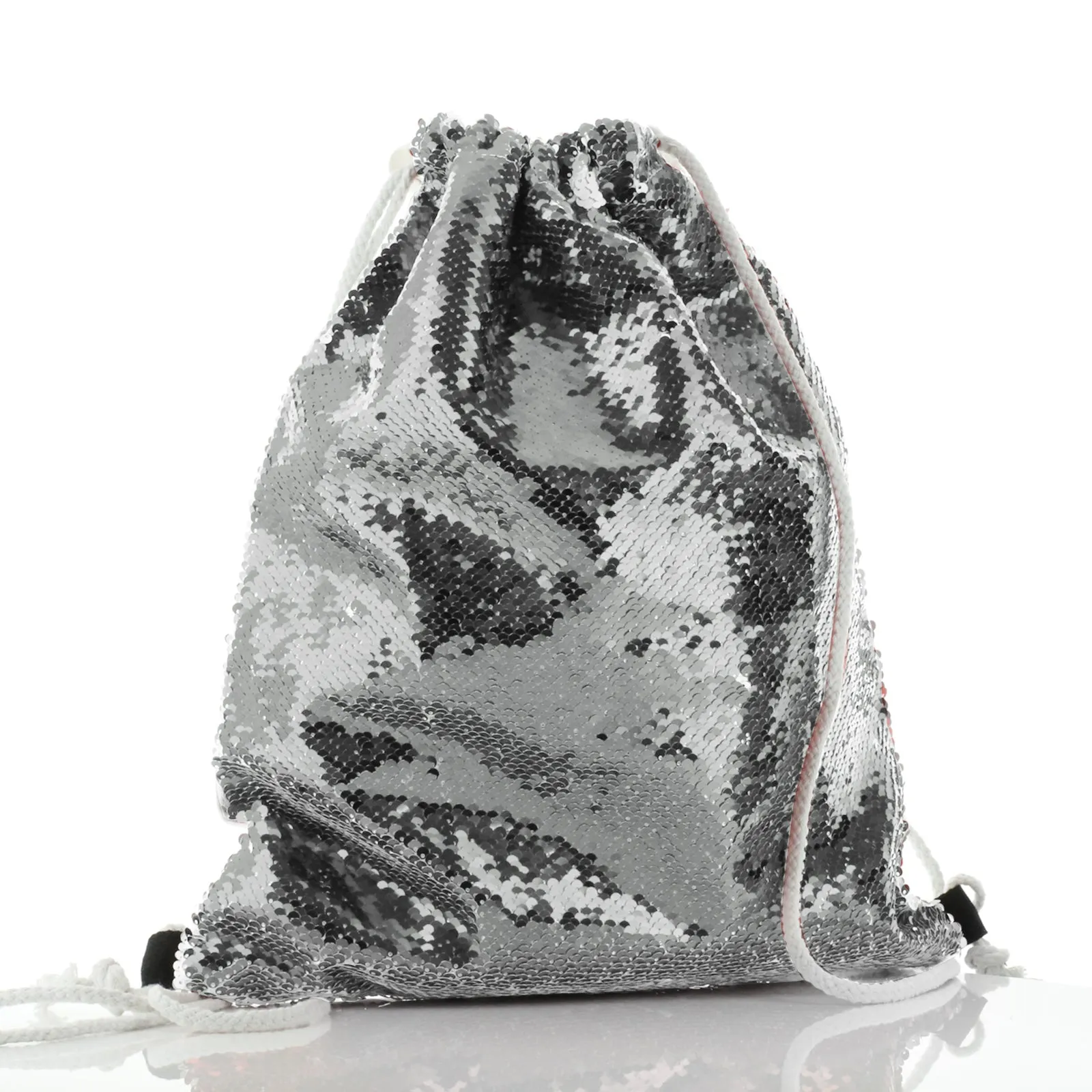 Personalised Sequin Drawstring Backpack with Grey Wolf Blue Flowers and Cute Text