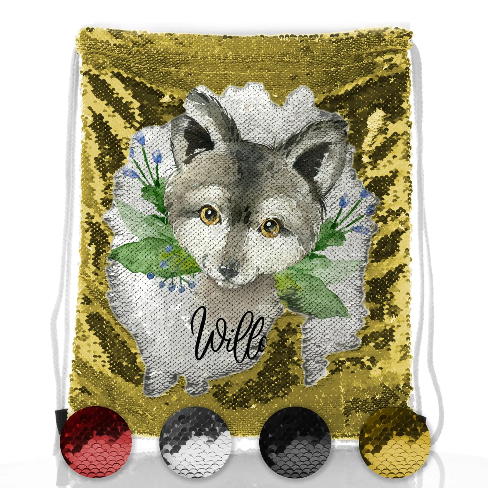Personalised Sequin Drawstring Backpack with Grey Wolf Blue Flowers and Cute Text