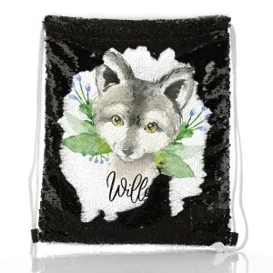 Personalised Sequin Drawstring Backpack with Grey Wolf Blue Flowers and Cute Text