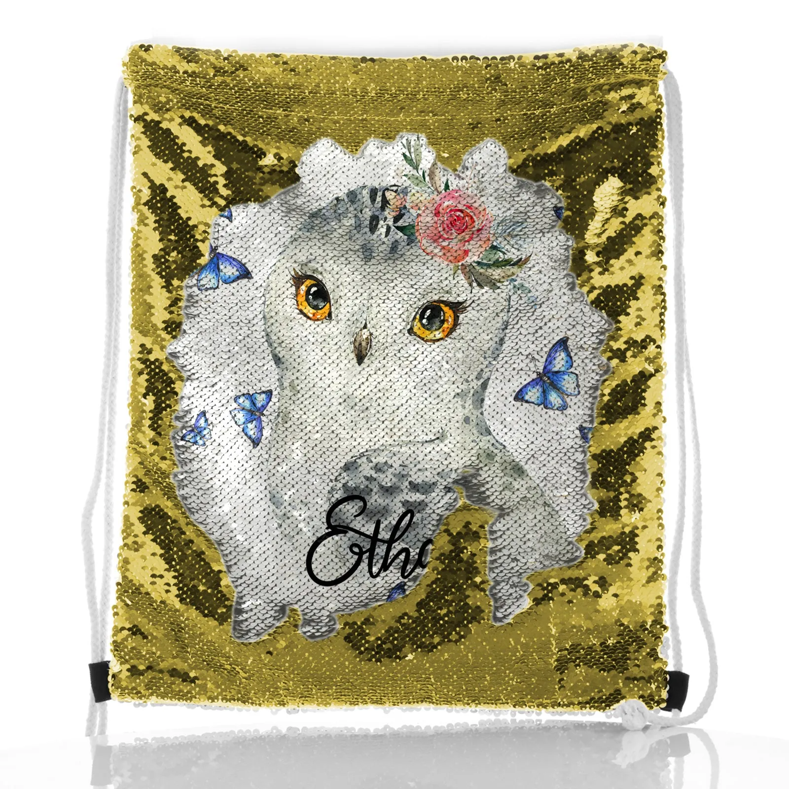 Personalised Sequin Drawstring Backpack with Snow Owl Blue Butterfly and Cute Text