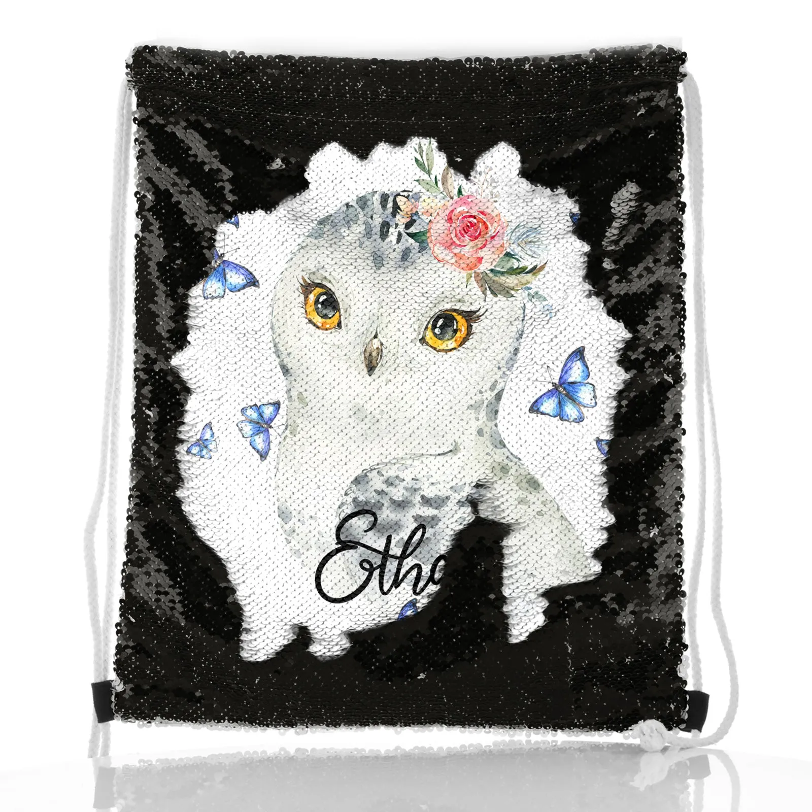 Personalised Sequin Drawstring Backpack with Snow Owl Blue Butterfly and Cute Text