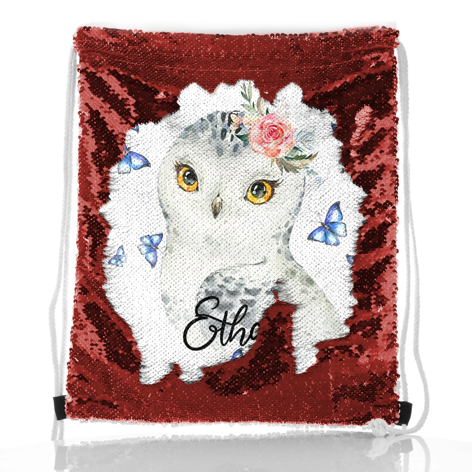 Personalised Sequin Drawstring Backpack with Snow Owl Blue Butterfly and Cute Text