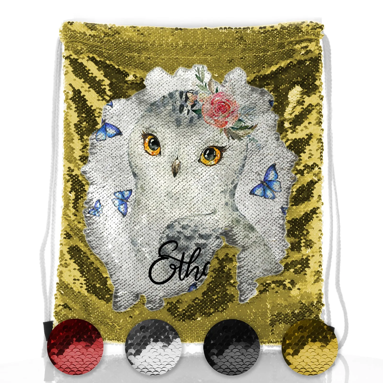 Personalised Sequin Drawstring Backpack with Snow Owl Blue Butterfly and Cute Text