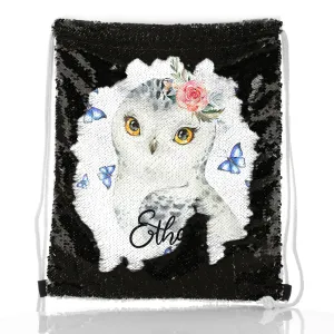 Personalised Sequin Drawstring Backpack with Snow Owl Blue Butterfly and Cute Text
