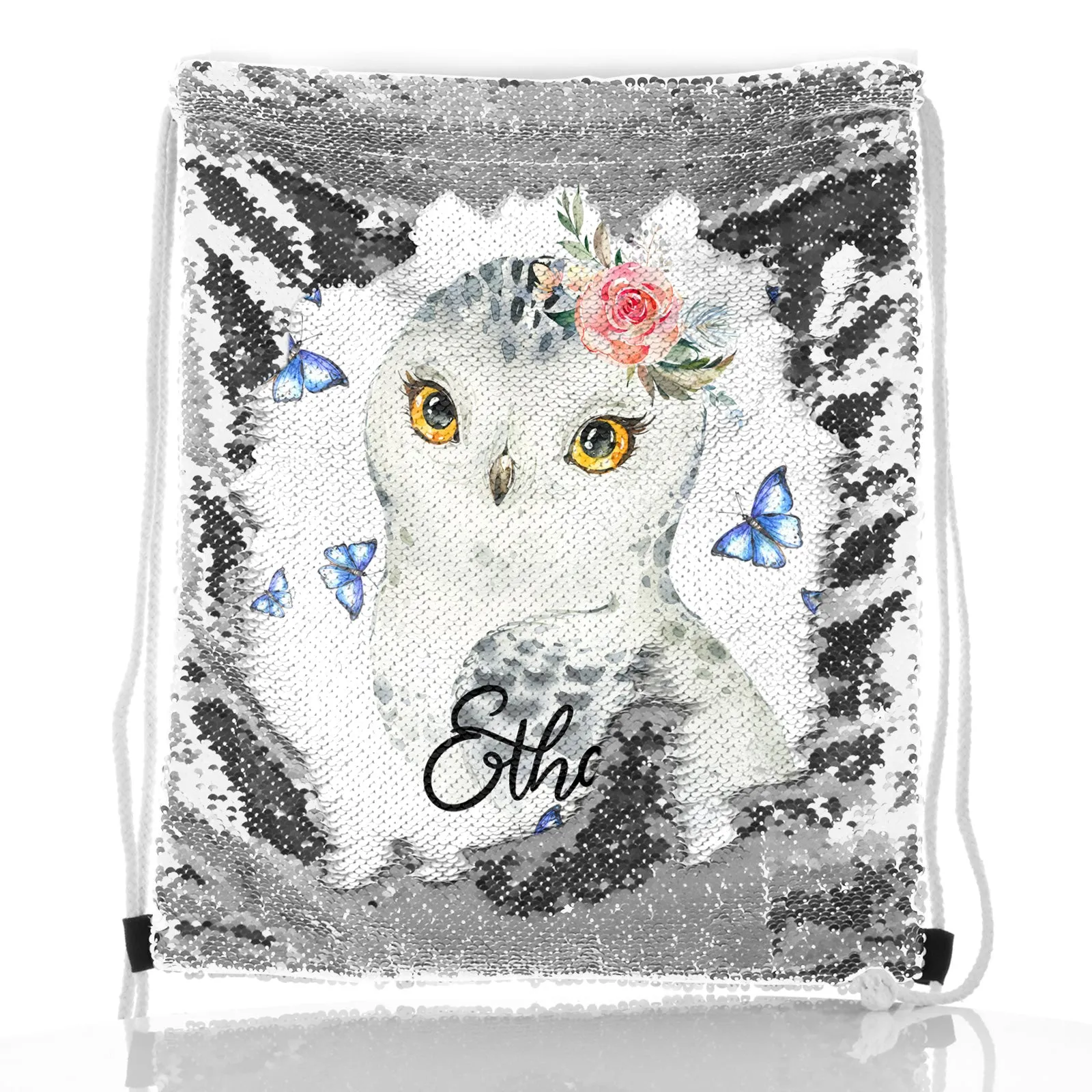Personalised Sequin Drawstring Backpack with Snow Owl Blue Butterfly and Cute Text