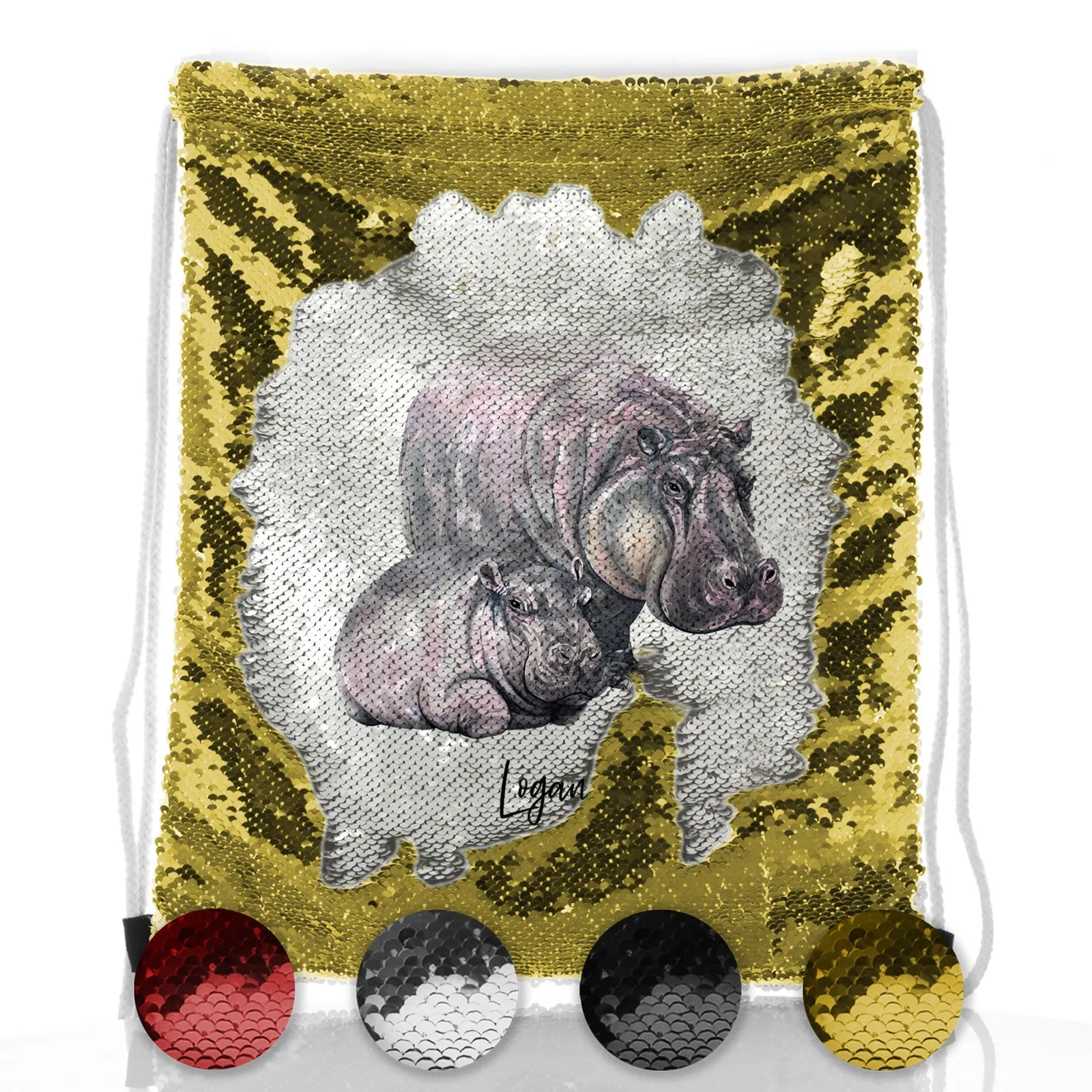 Personalised Sequin Drawstring Backpack with Welcoming Text and Relaxing Mum and Baby Hippos