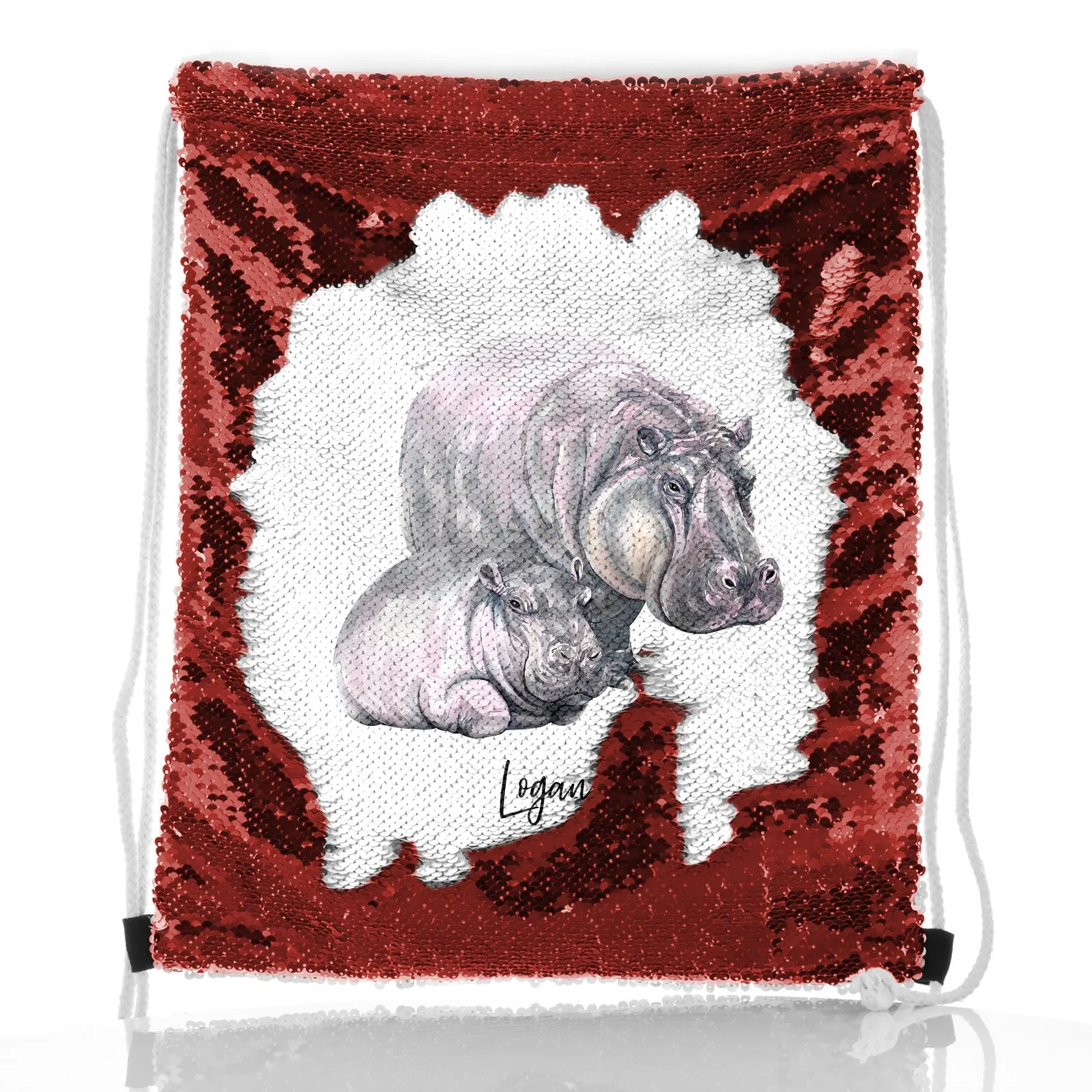 Personalised Sequin Drawstring Backpack with Welcoming Text and Relaxing Mum and Baby Hippos