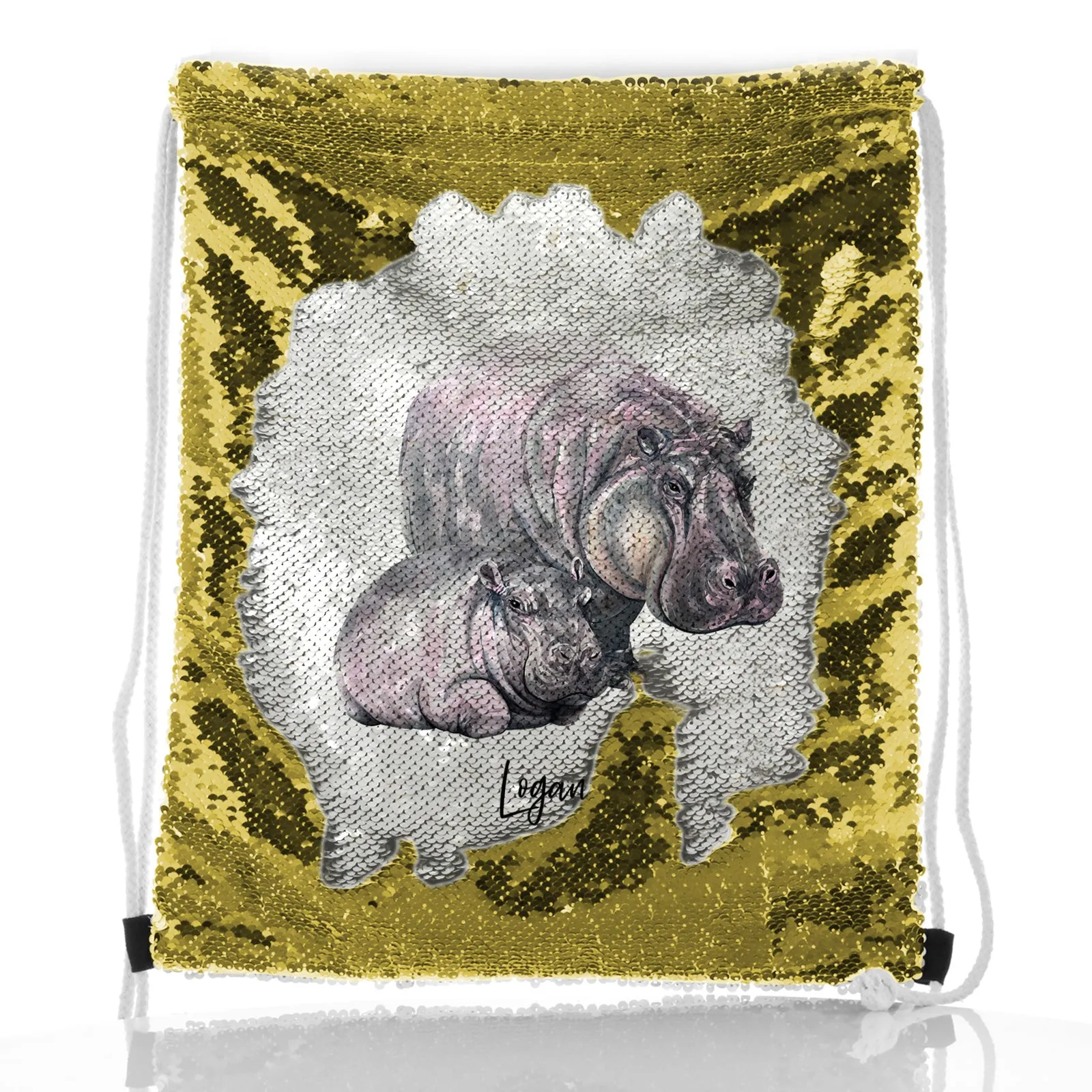 Personalised Sequin Drawstring Backpack with Welcoming Text and Relaxing Mum and Baby Hippos