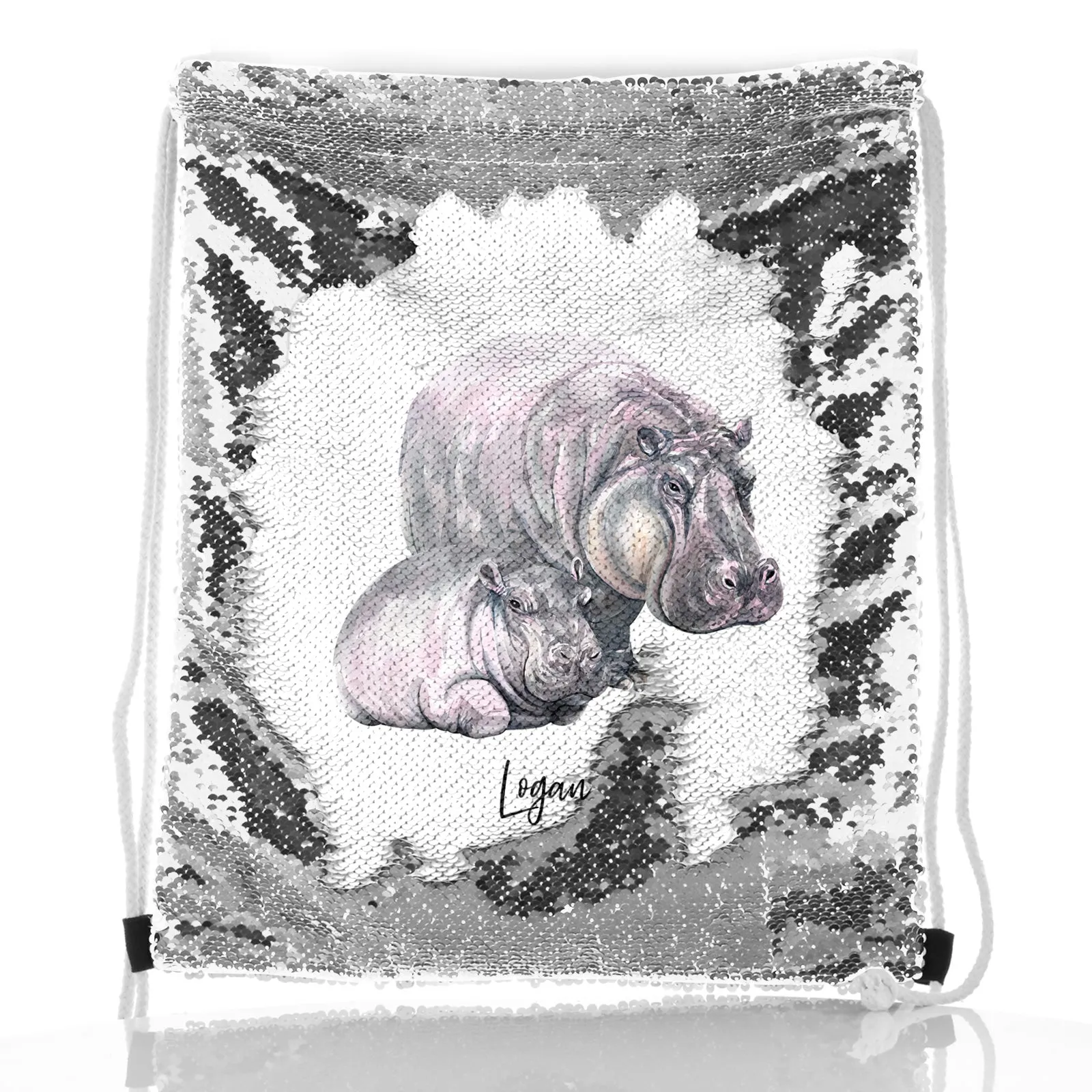 Personalised Sequin Drawstring Backpack with Welcoming Text and Relaxing Mum and Baby Hippos
