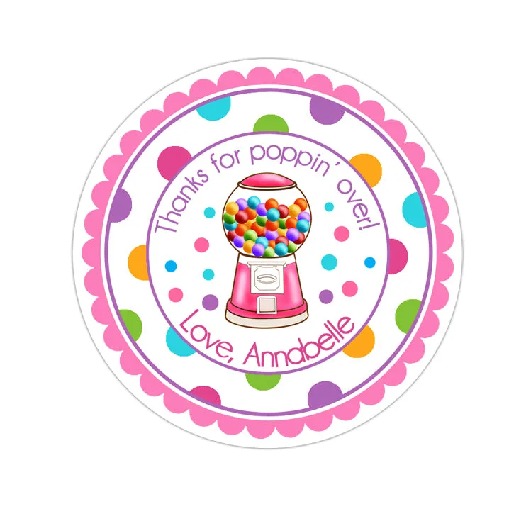 Pink Gumball Machine Polka Dot Border Personalized Birthday Favor Sticker