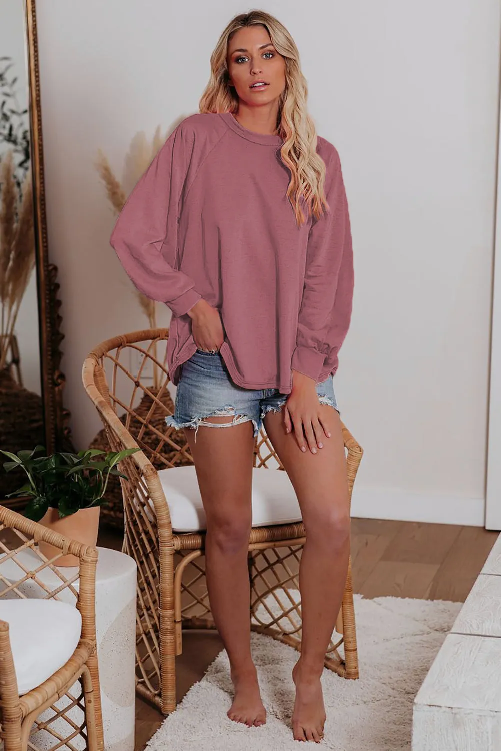 Plain Relaxed Fit Crew Neck Pullover Sweatshirt
