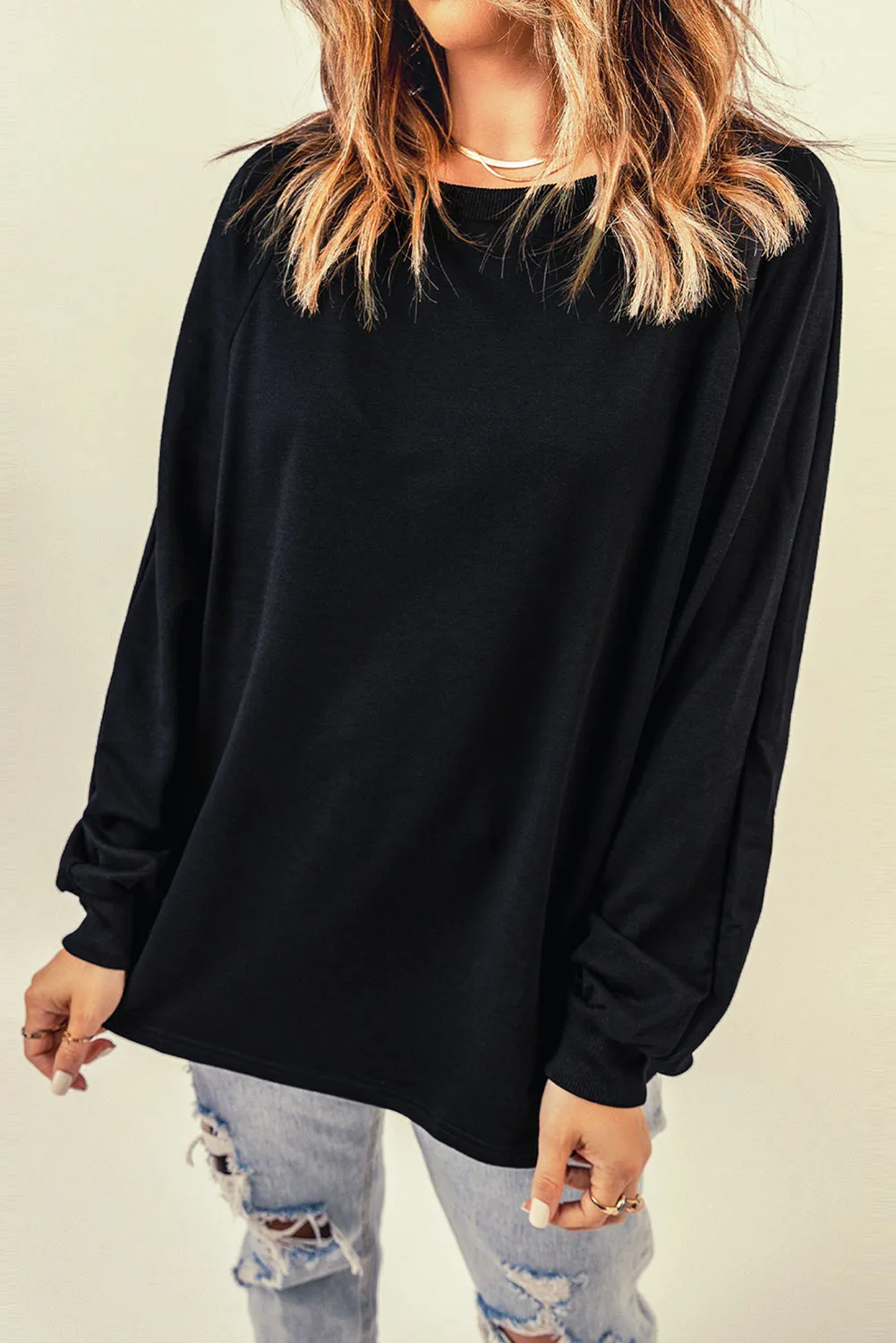 Plain Relaxed Fit Crew Neck Pullover Sweatshirt