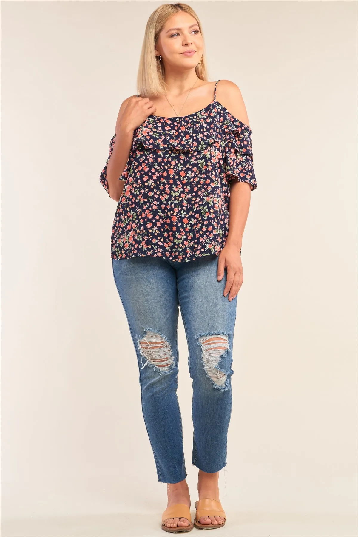 Plus Size Floral Print Relaxed Fit Mini Sleeve Off-the-shoulder Flared Hem Top