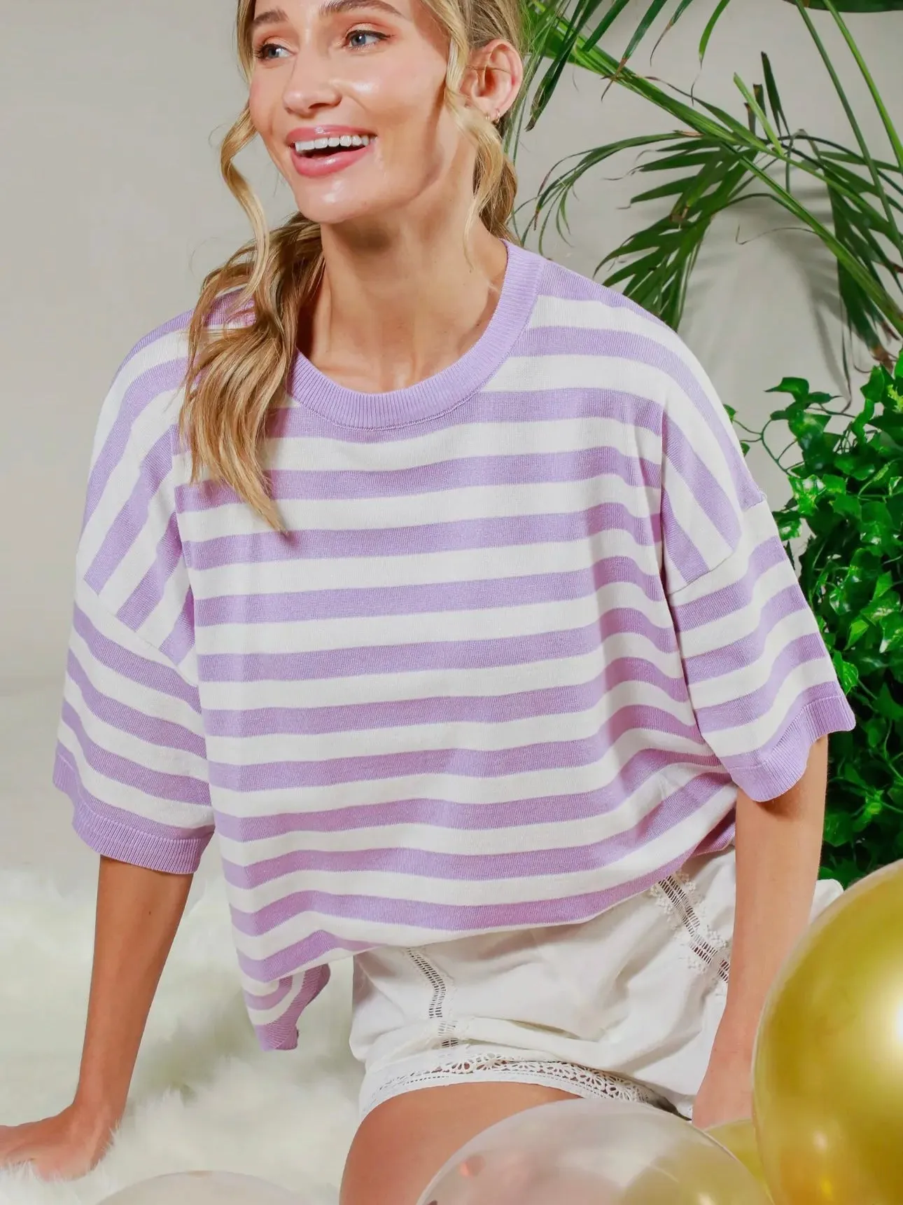 Pretty in Pastel Striped Sweater Top: Lavender