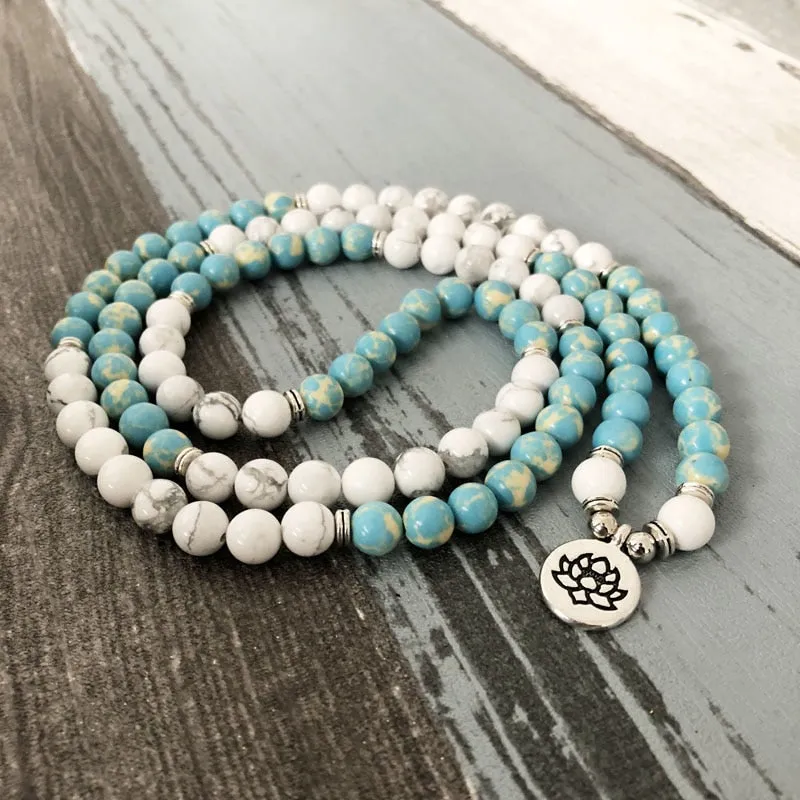 "I Am Balanced" Howlite and Jasper Mala - 108 Beads With Lotus Charm